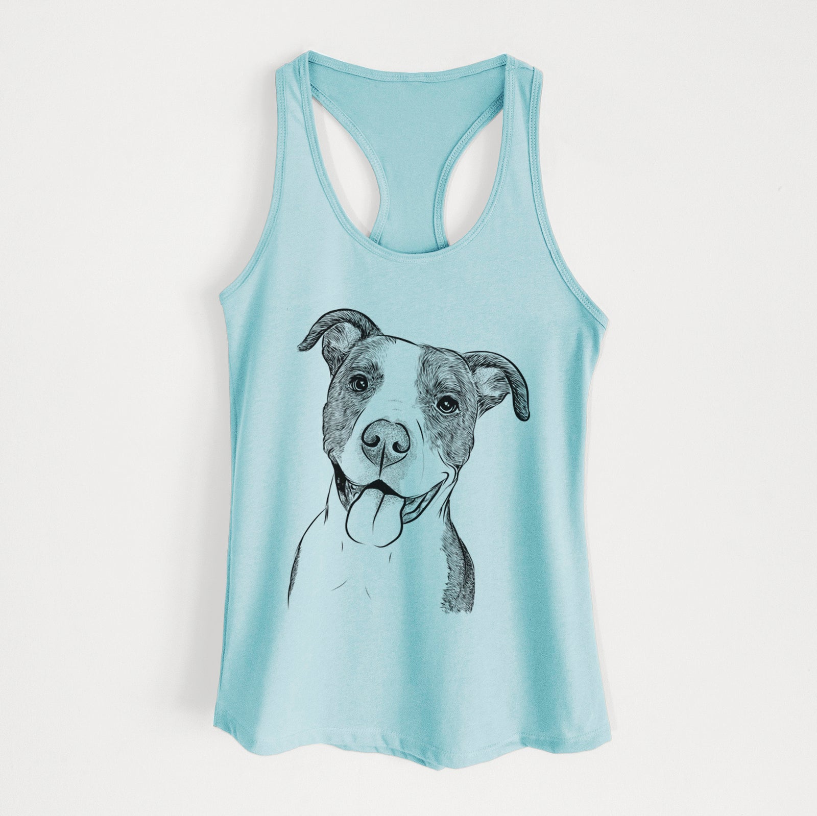 Hand-drawn sketch of Jax the American Pitbull Terrier Mix on a Cancun Blue Women's racerback tanktop