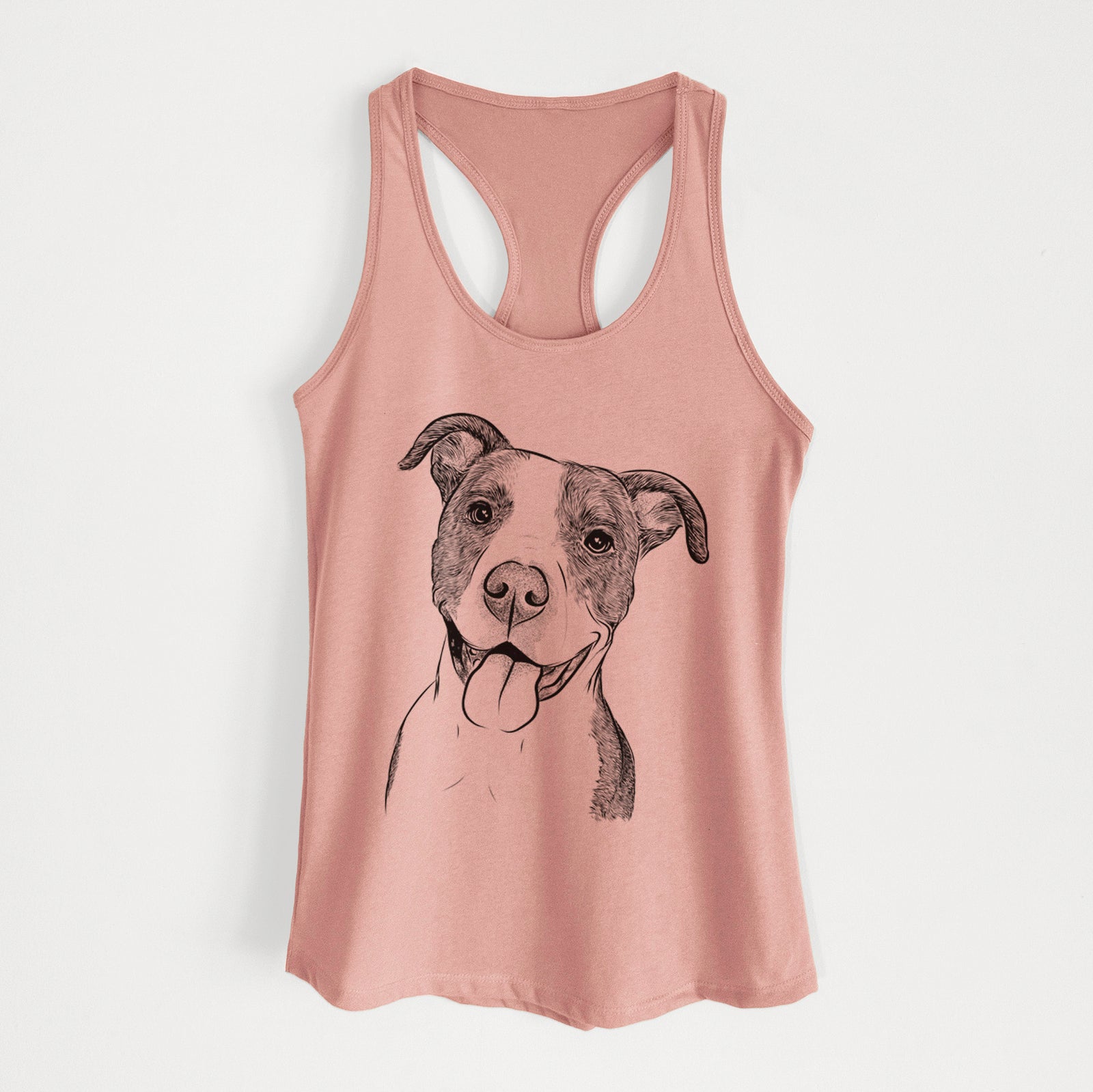 Hand-drawn sketch of Jax the American Pitbull Terrier Mix on a Desert Pink Women's racerback tanktop