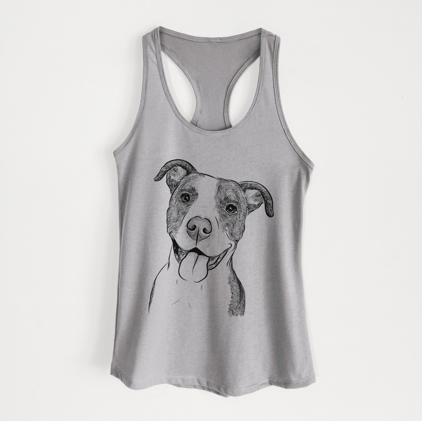 Hand-drawn sketch of Jax the American Pitbull Terrier Mix on a Heather Grey Women's racerback tanktop