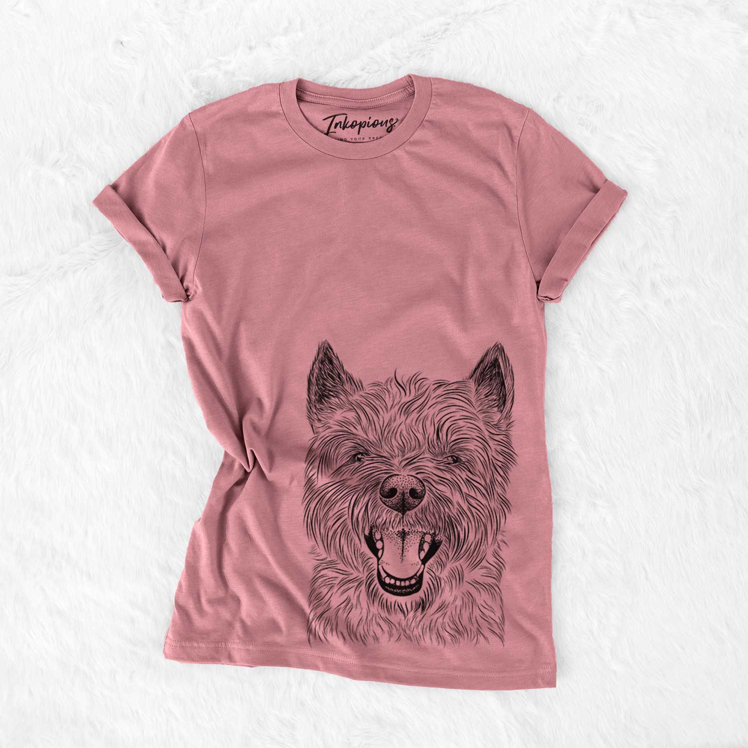 Hand-drawn sketch of Jeff the Cairn Terrier on a Mauve Bella Canvas Unisex Crewneck