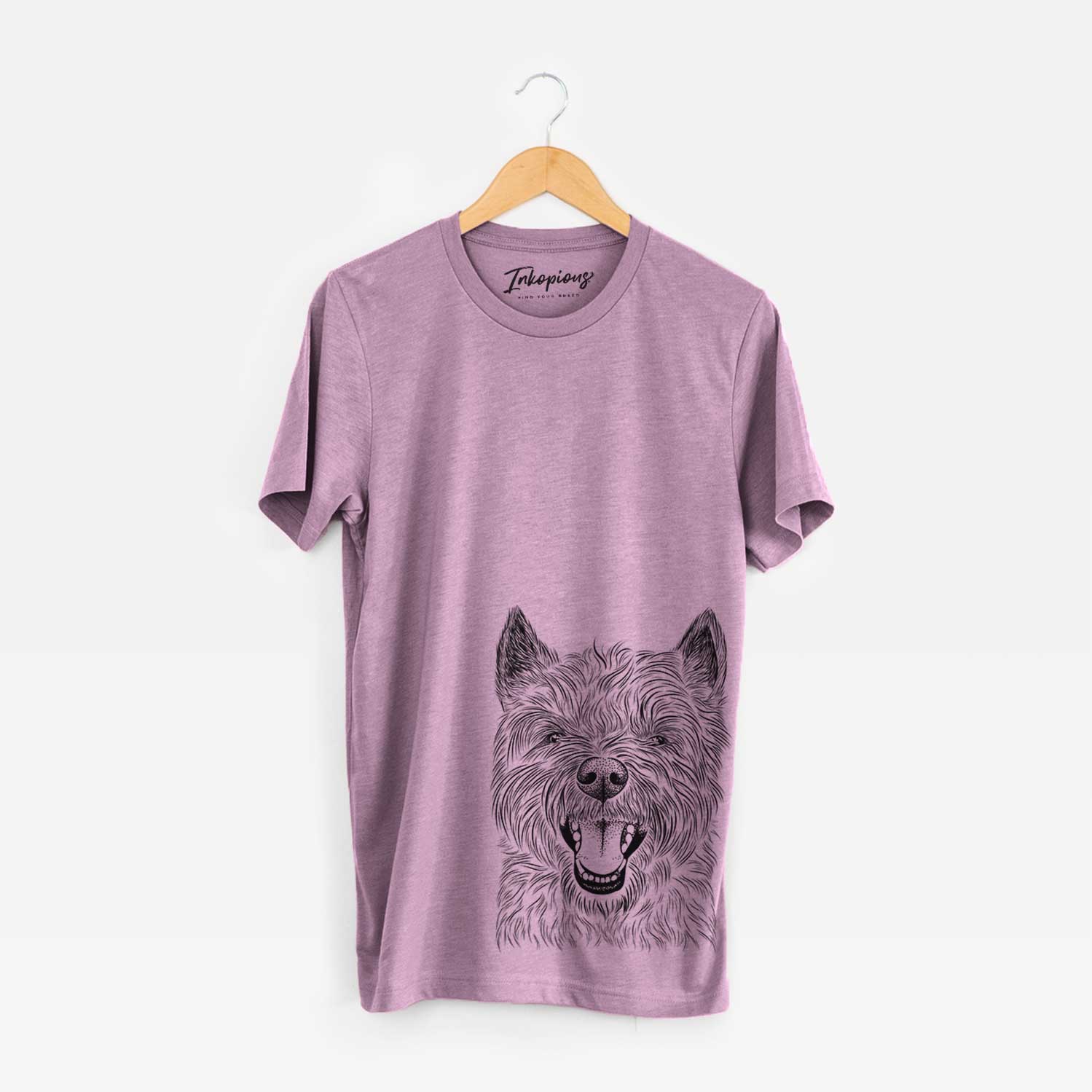 Hand-drawn sketch of Jeff the Cairn Terrier on an Orchid Bella Canvas Unisex Crewneck