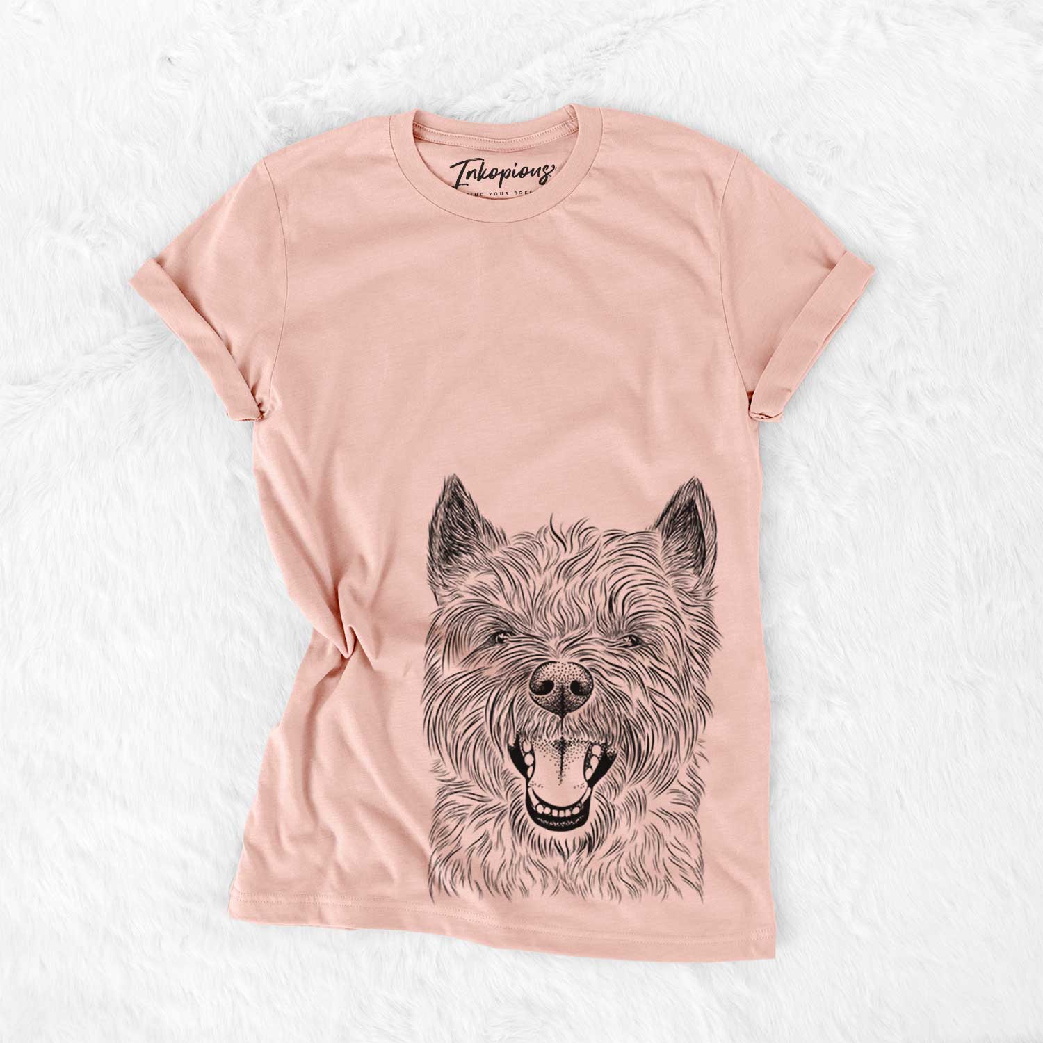 Hand-drawn sketch of Jeff the Cairn Terrier on a Peach Bella Canvas Unisex Crewneck