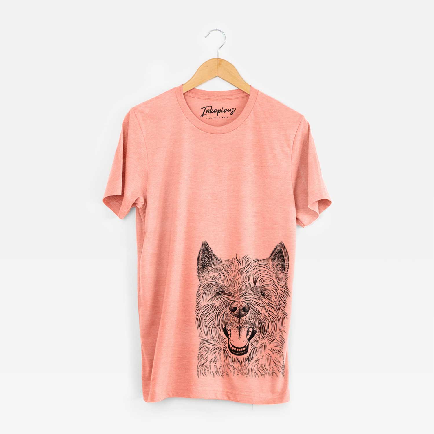 Hand-drawn sketch of Jeff the Cairn Terrier on a Sunset Bella Canvas Unisex Crewneck
