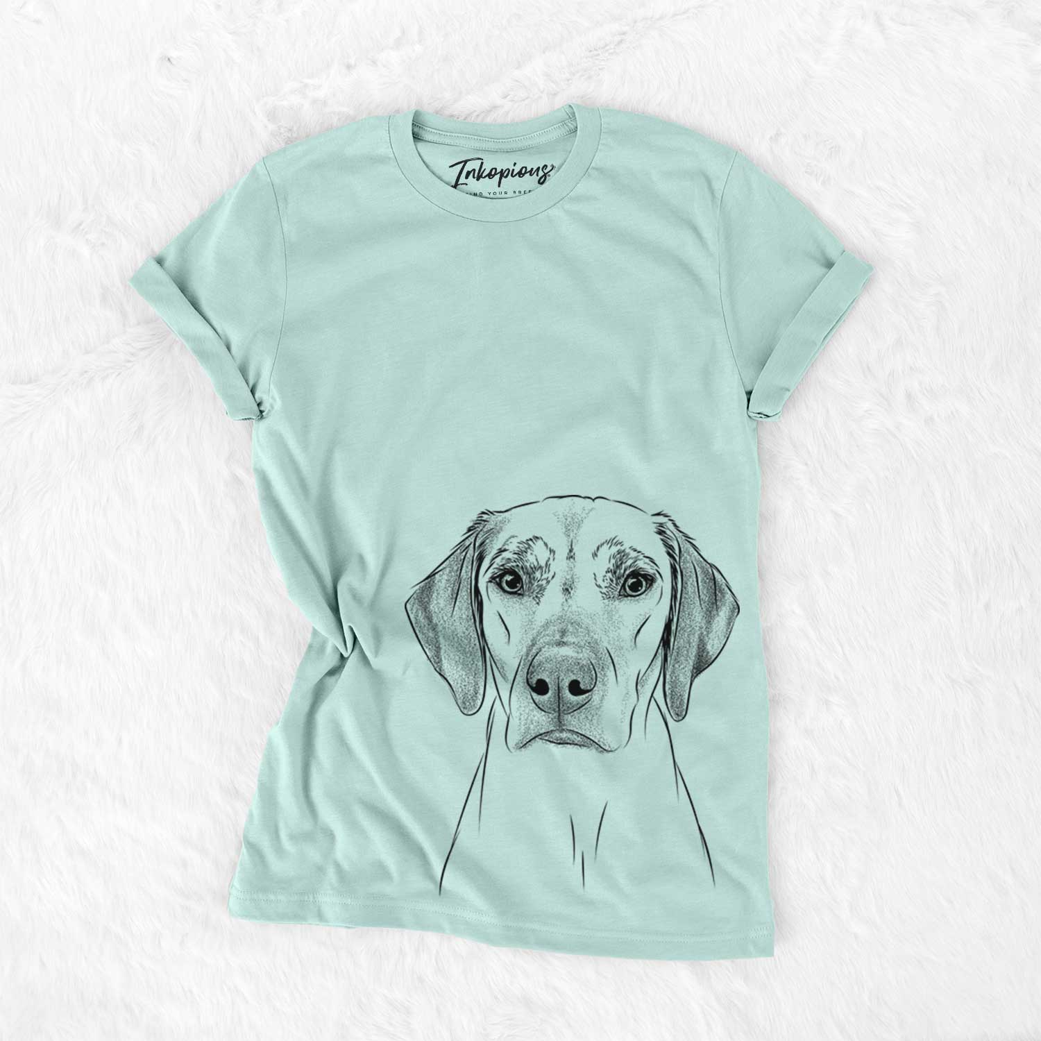 Hand-drawn sketch of Jenga the Rhodesian Ridgeback on a Heather Sage Unisex crewneck