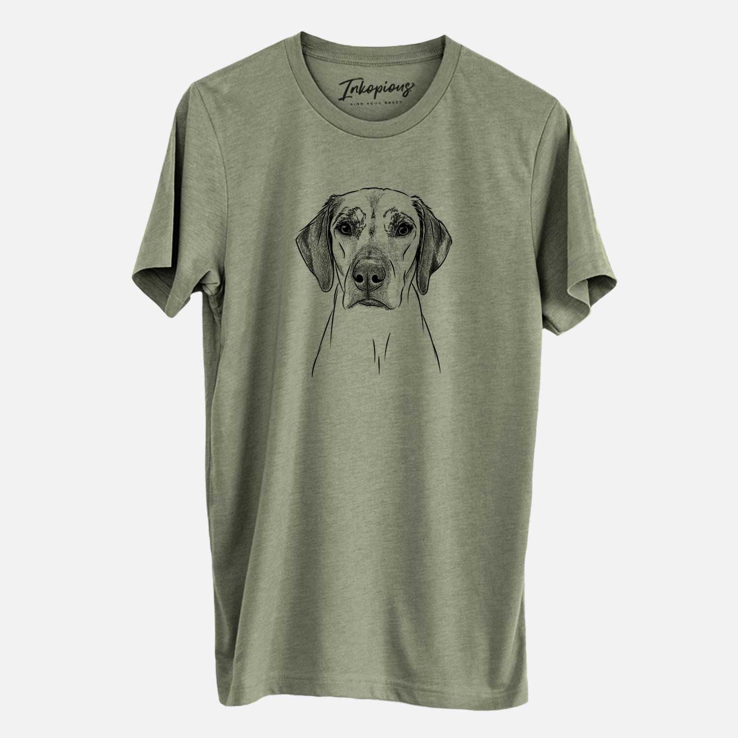 Hand-drawn sketch of Jenga the Rhodesian Ridgeback on an Olive Unisex crewneck