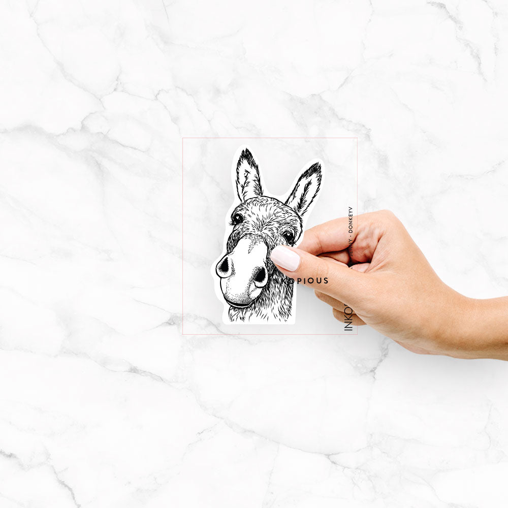 Hand-drawn sketch of Jenny the Donkey on a decal sticker