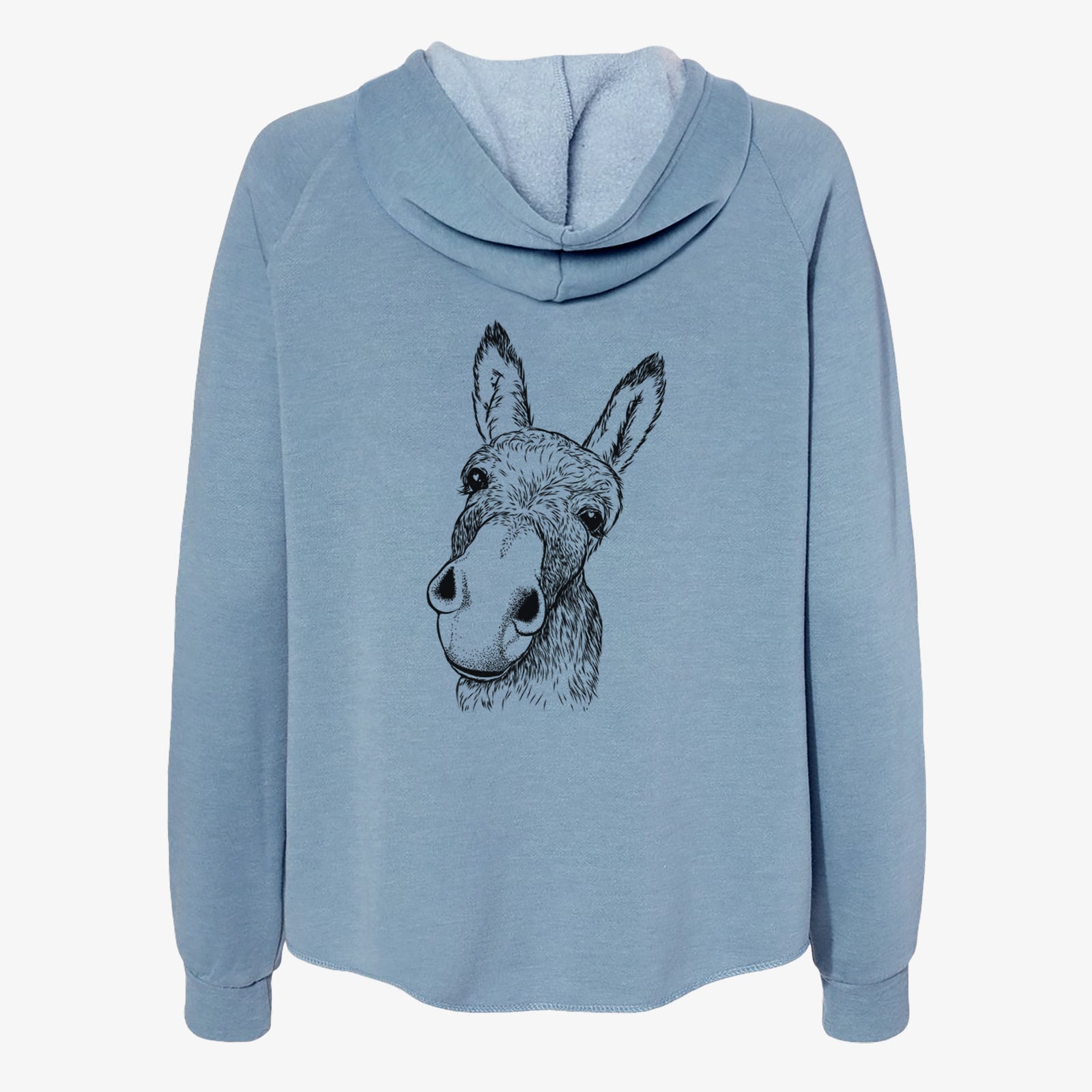 Hand-drawn sketch of Jenny the Donkey on a Misty Blue Women's cali wave zip-up sweatshirt