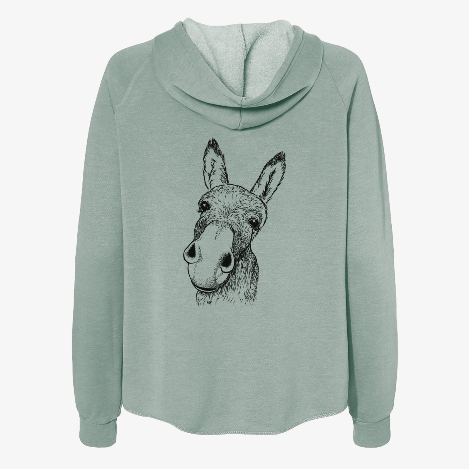 Hand-drawn sketch of Jenny the Donkey on a Sage Women's cali wave zip-up sweatshirt