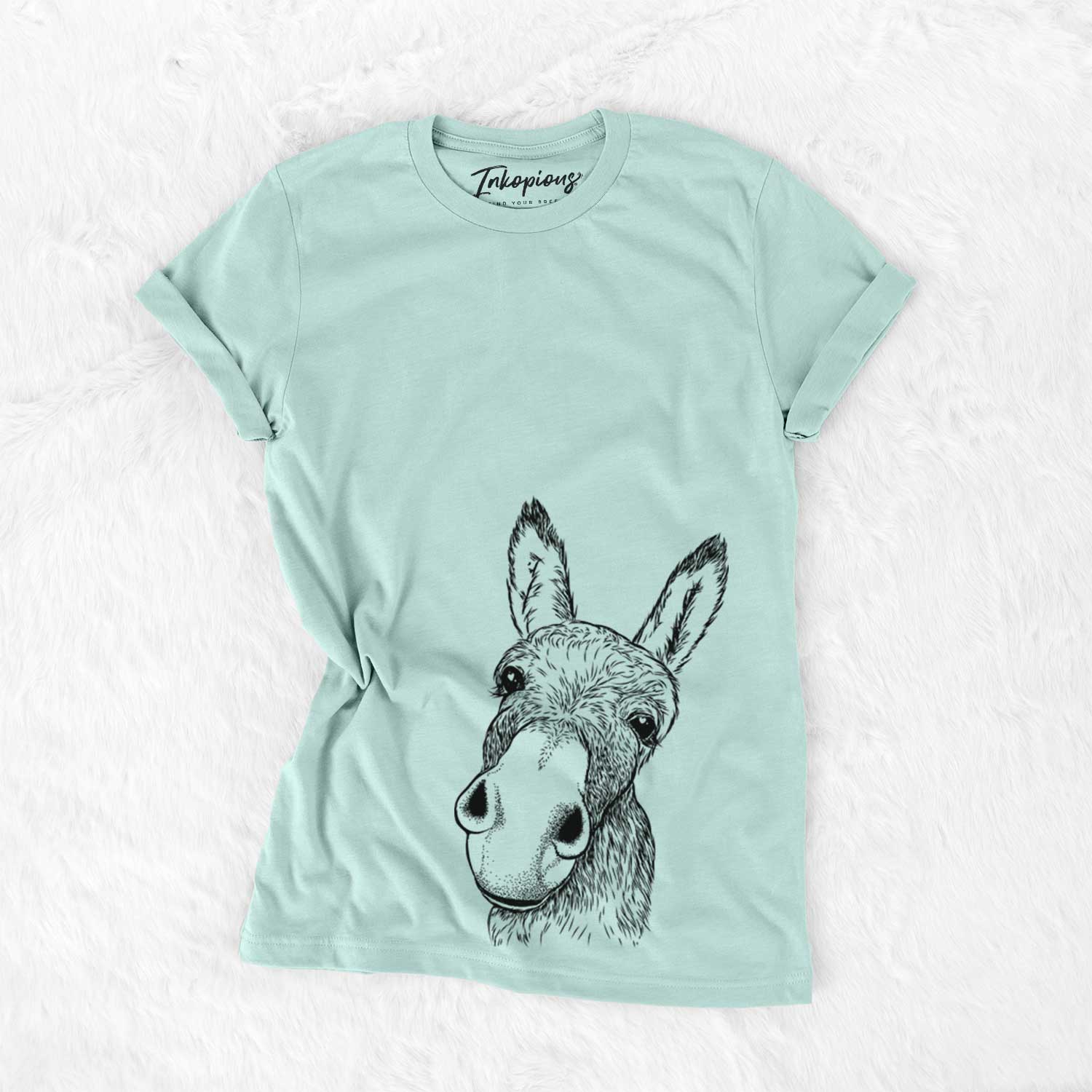 Hand-drawn sketch of Jenny the Donkey on a Heather Sage Bella Canvas Unisex Crewneck