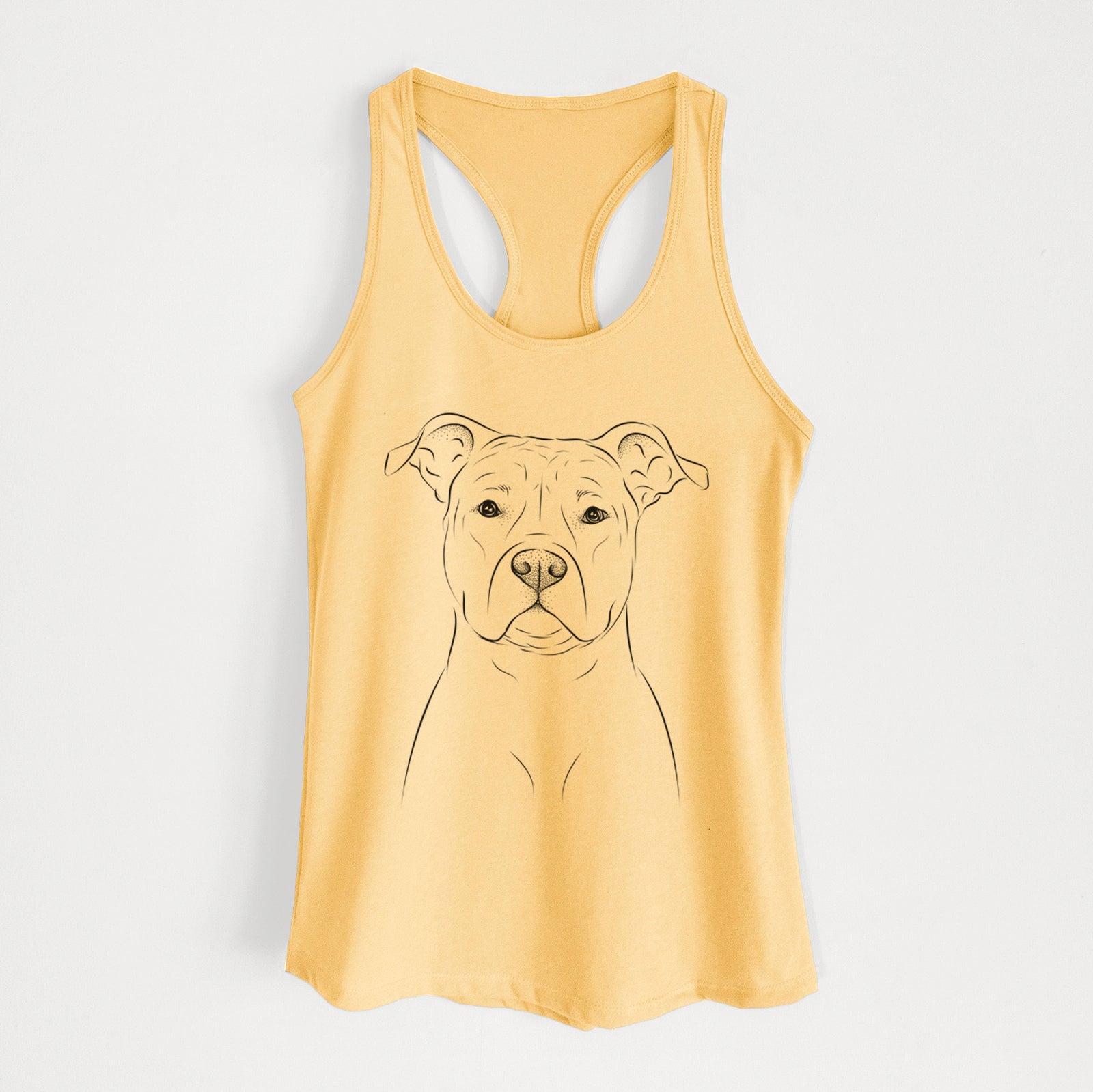 Hand-drawn sketch of Jethro the American Staffordshire Terrier on a Banana Cream Women's racerback tanktop