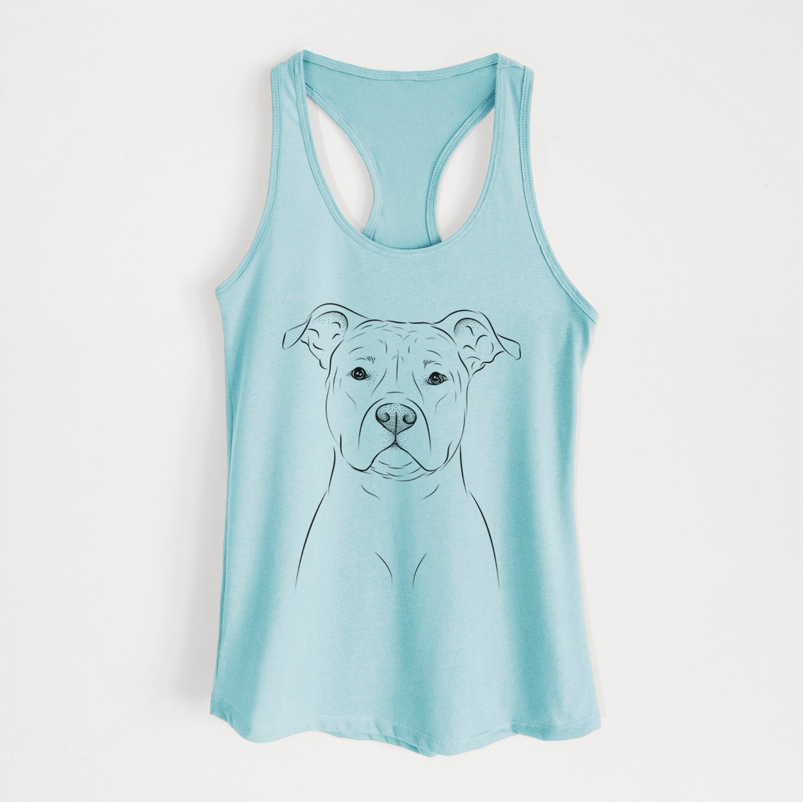 Hand-drawn sketch of Jethro the American Staffordshire Terrier on a Cancun Blue Women's racerback tanktop