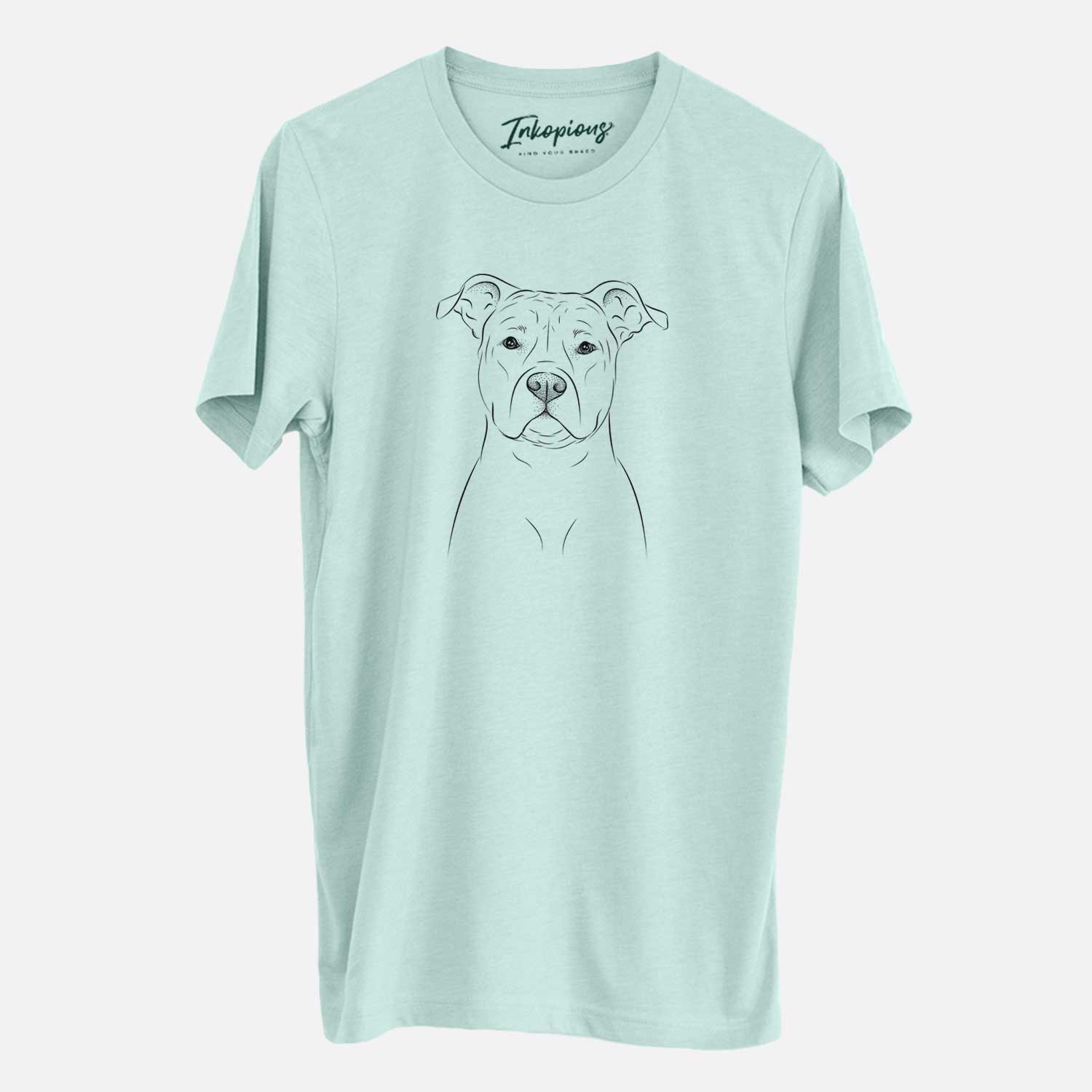 Hand-drawn sketch of Jethro the American Staffordshire Terrier on a Heather Sage Unisex crewneck
