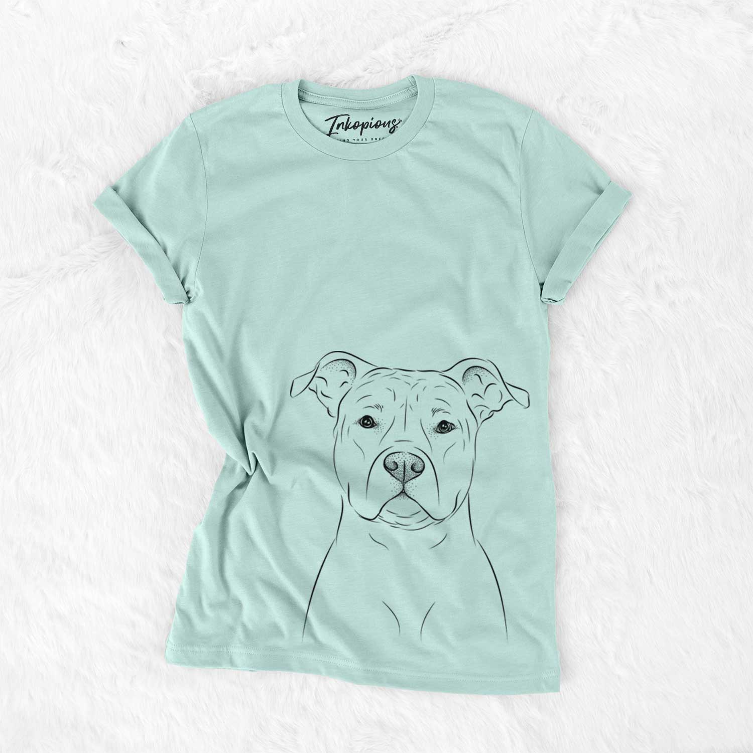 Hand-drawn sketch of Jethro the American Staffordshire Terrier on a Heather Sage Unisex crewneck