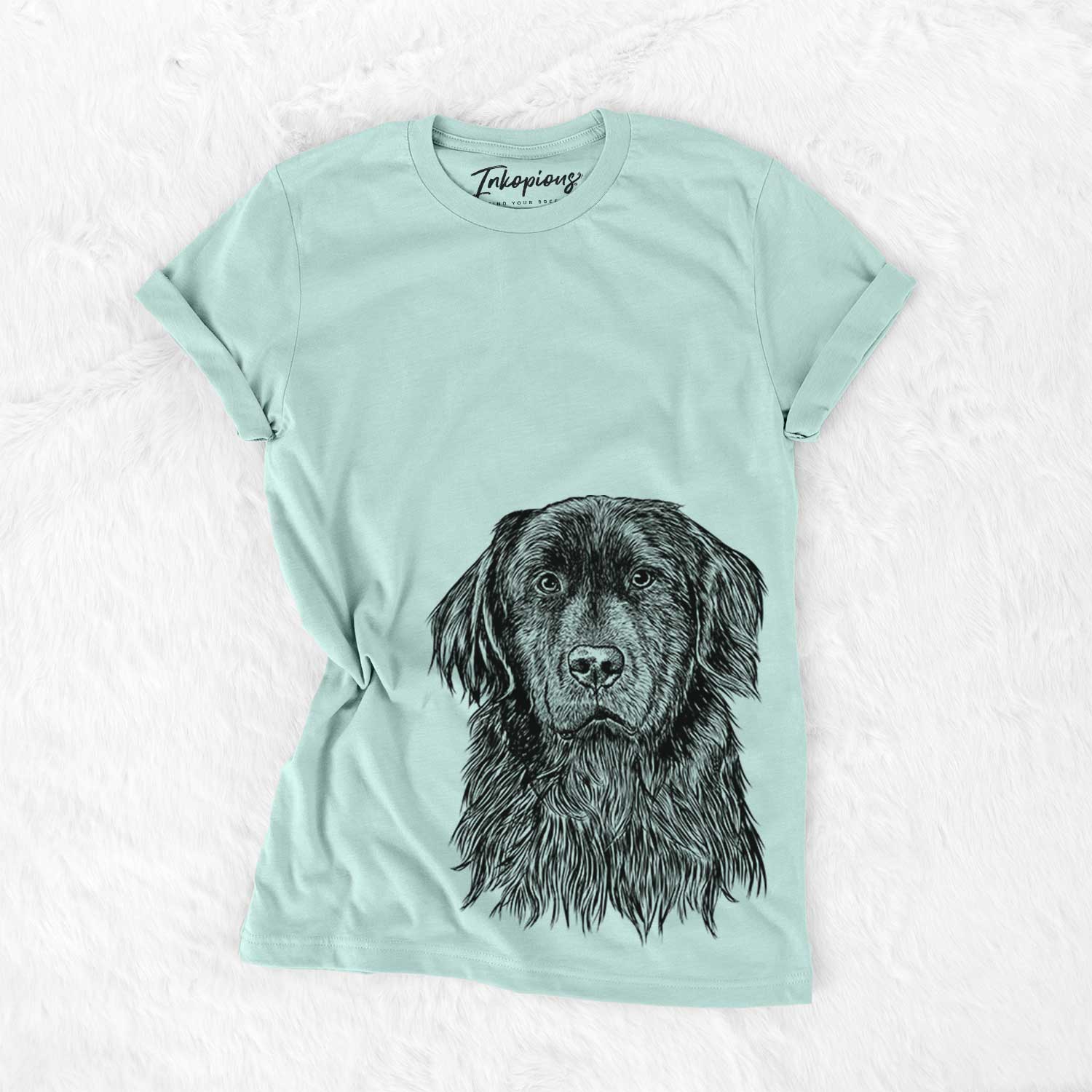 Hand-drawn sketch of Jinx the Newfoundland on a Heather Sage Bella Canvas Unisex Crewneck