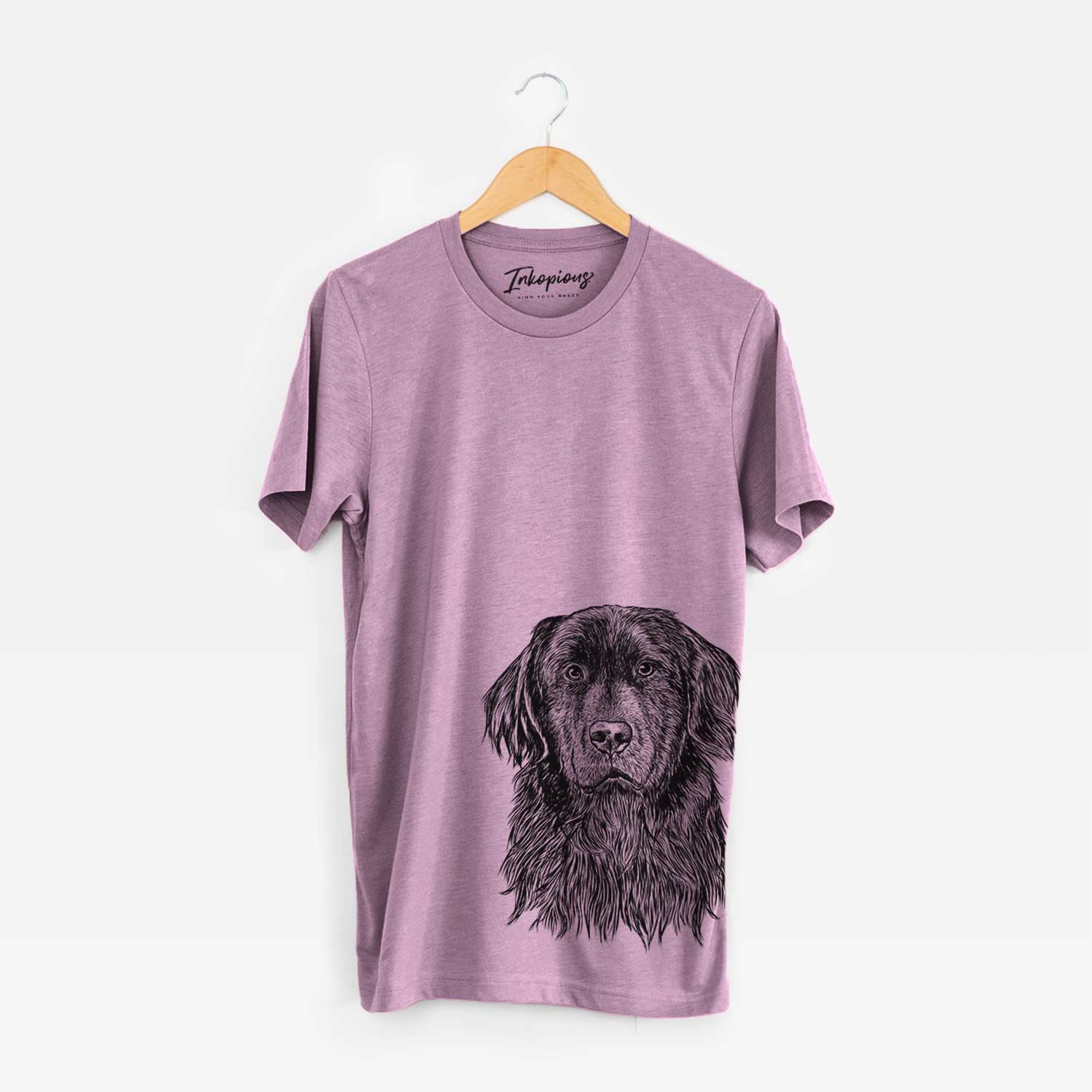 Hand-drawn sketch of Jinx the Newfoundland on an Orchid Bella Canvas Unisex Crewneck