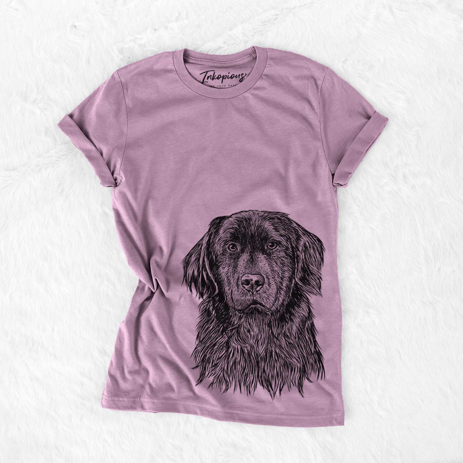 Hand-drawn sketch of Jinx the Newfoundland on an Orchid Bella Canvas Unisex Crewneck
