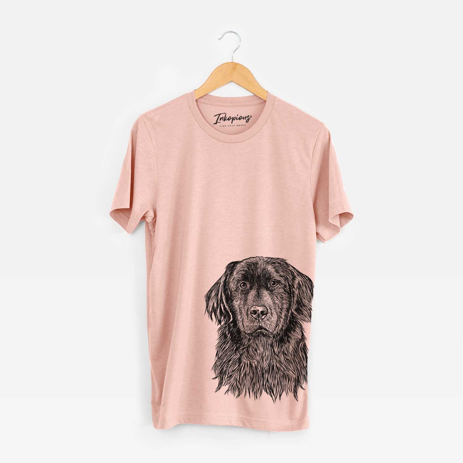 Hand-drawn sketch of Jinx the Newfoundland on a Peach Bella Canvas Unisex Crewneck