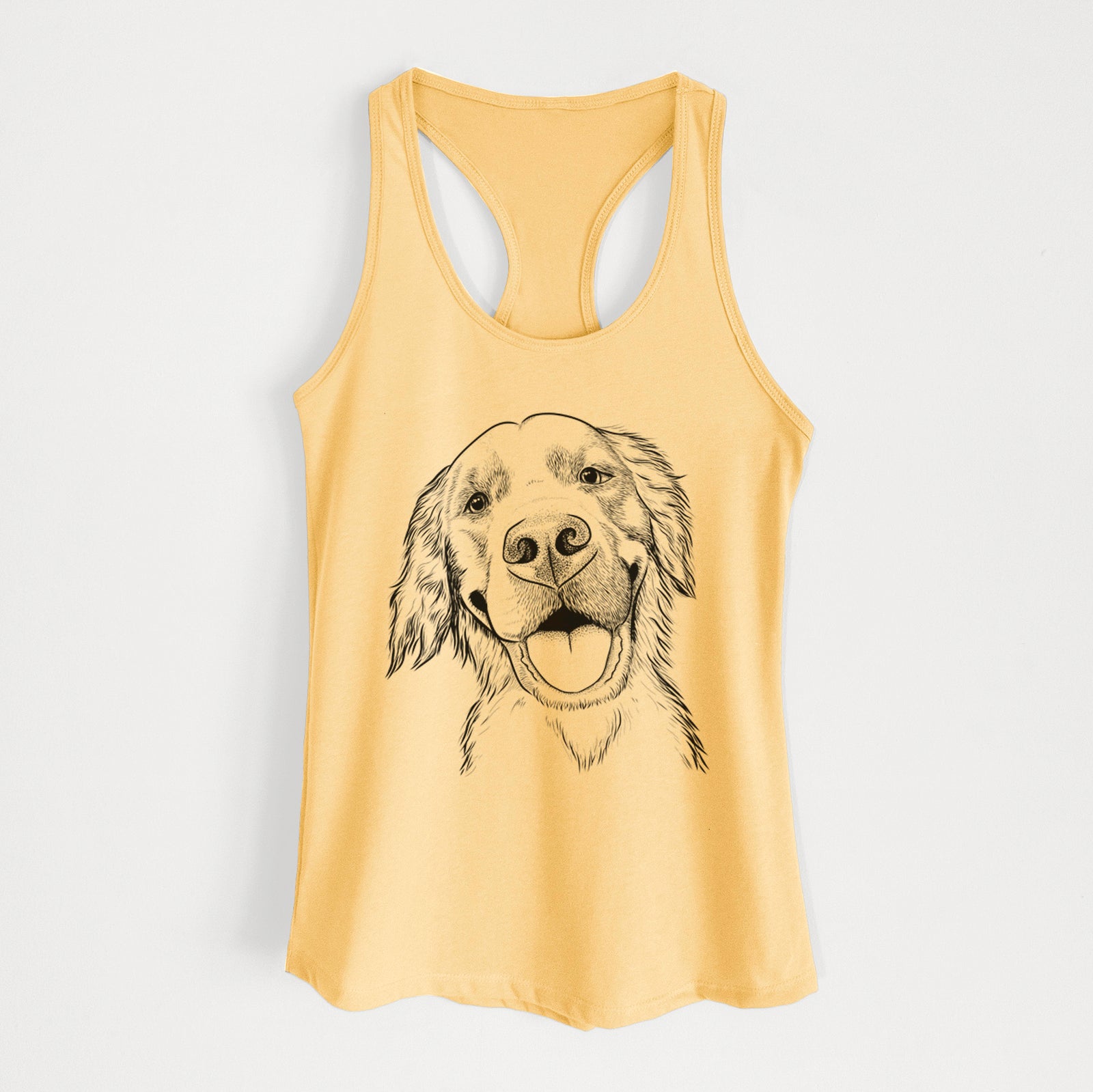 Hand-drawn sketch of Jordy the Golden Retriever on a Banana Cream Women's racerback tanktop