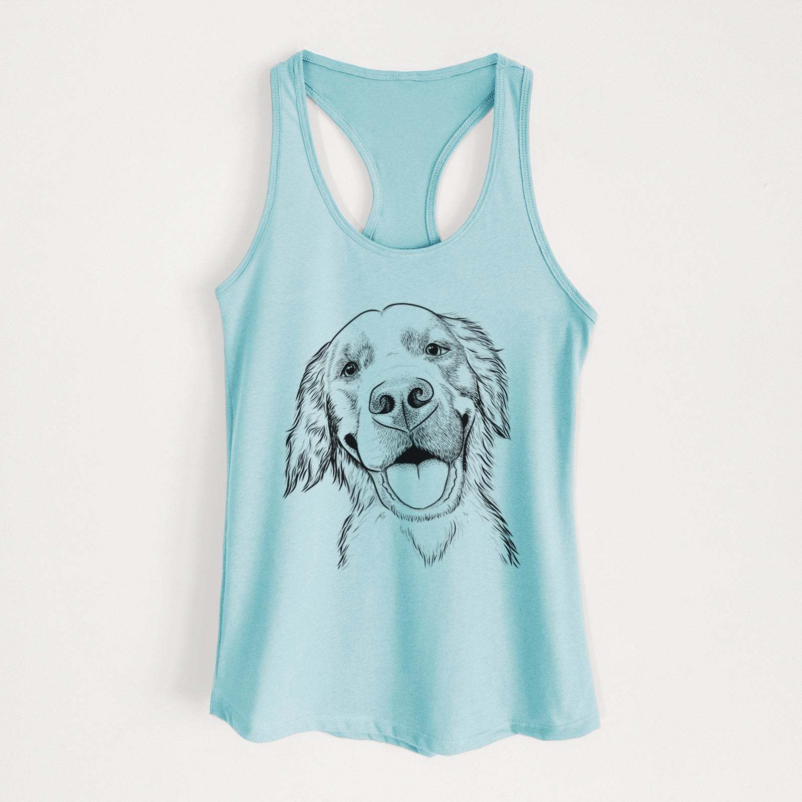 Hand-drawn sketch of Jordy the Golden Retriever on a Cancun Blue Women's racerback tanktop