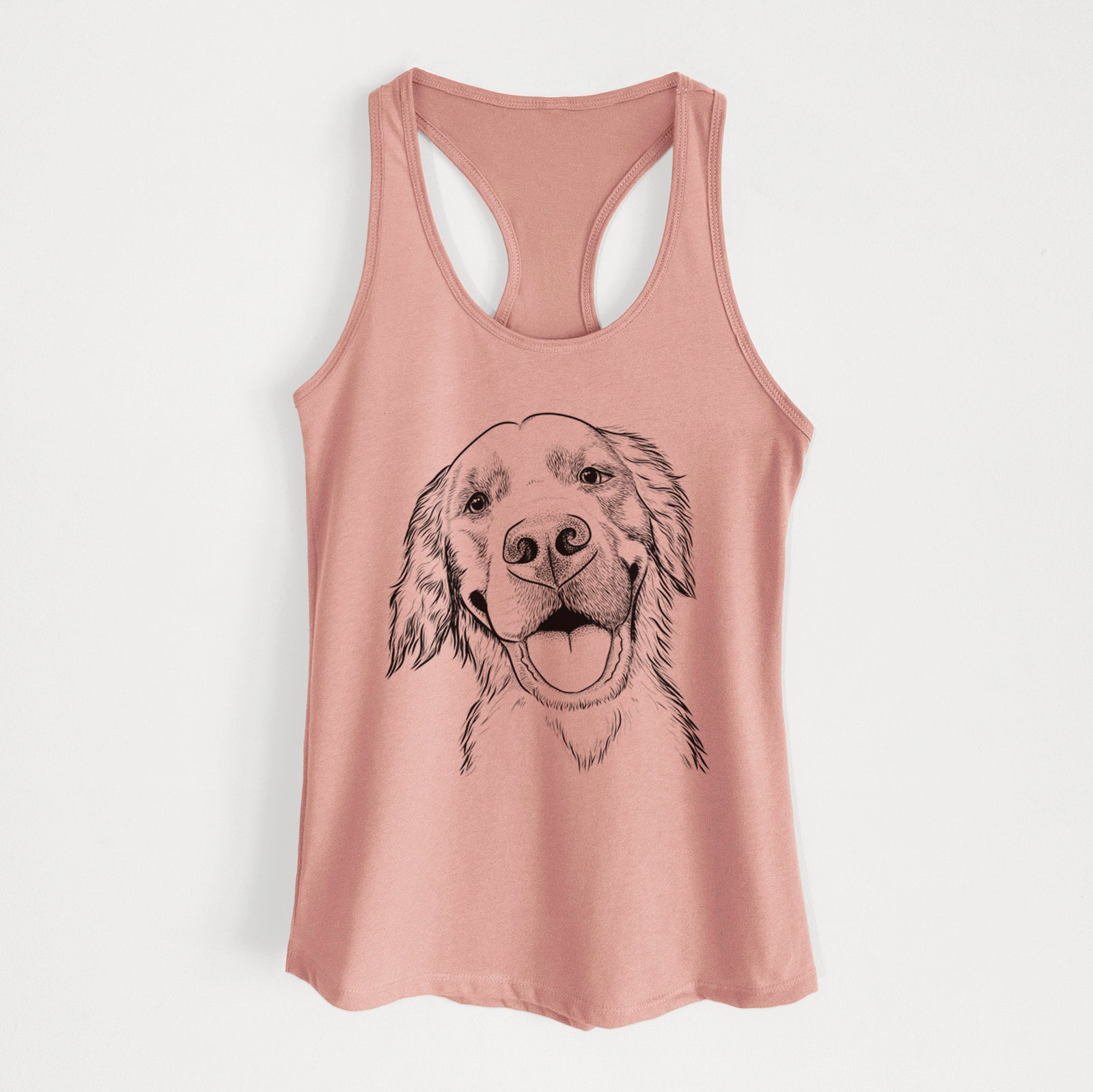 Hand-drawn sketch of Jordy the Golden Retriever on a Desert Pink Women's racerback tanktop
