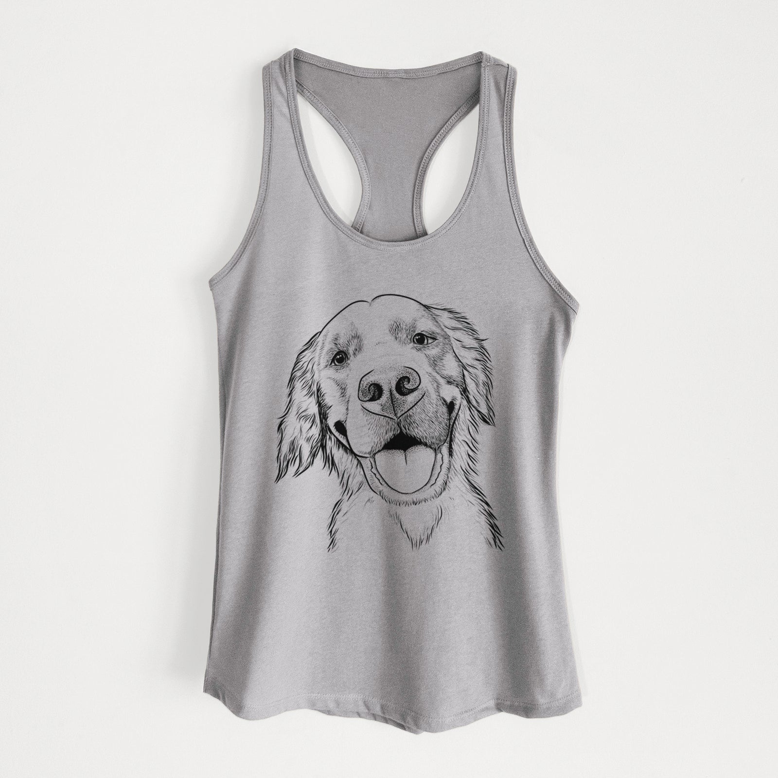 Hand-drawn sketch of Jordy the Golden Retriever on a Heather Grey Women's racerback tanktop