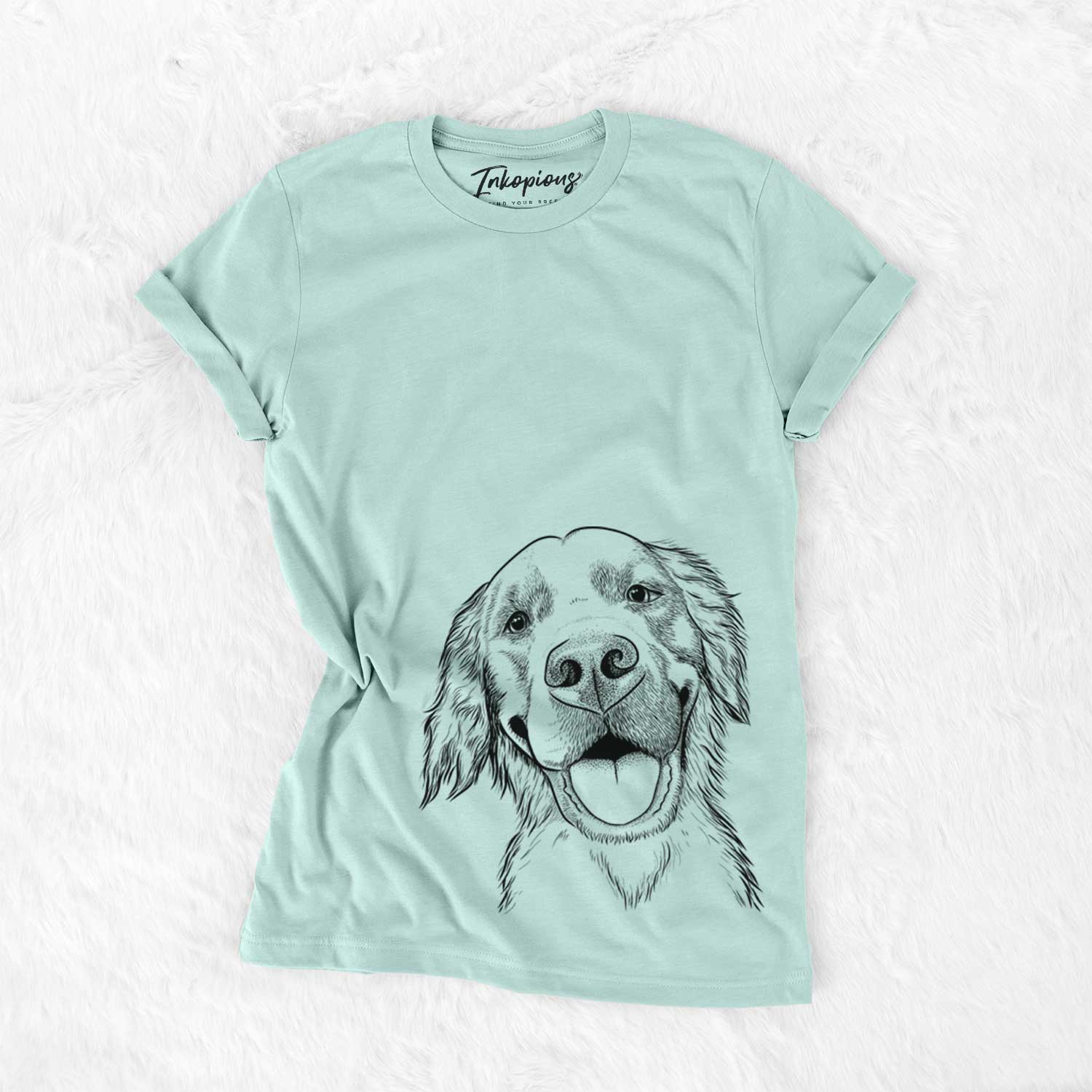 Hand-drawn sketch of Jordy the Golden Retriever on a Heather Sage Bella Canvas Unisex Crewneck