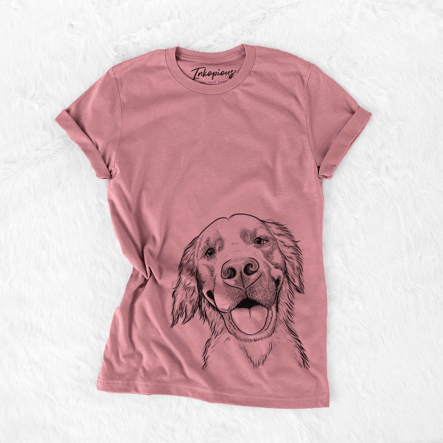 Hand-drawn sketch of Jordy the Golden Retriever on a Mauve Bella Canvas Unisex Crewneck