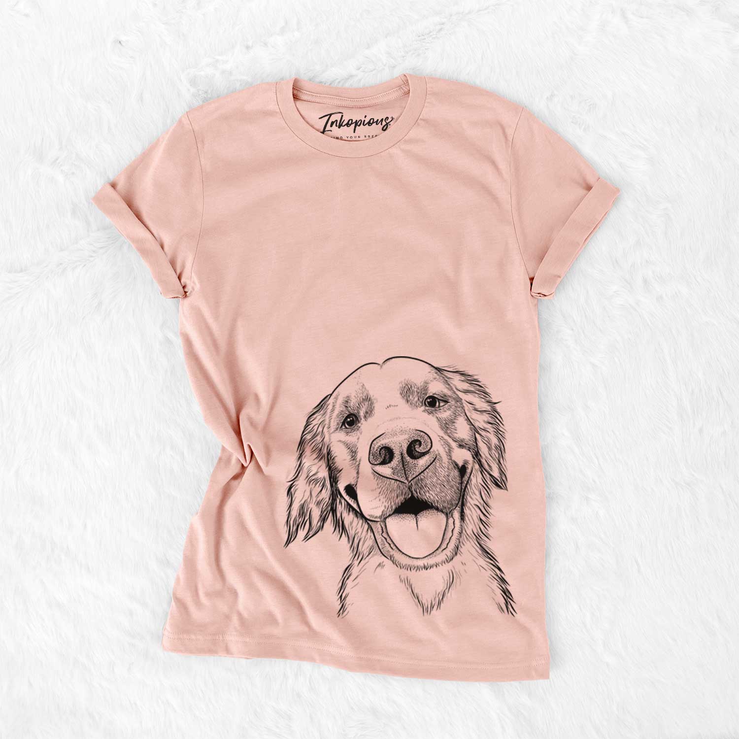 Hand-drawn sketch of Jordy the Golden Retriever on a Peach Bella Canvas Unisex Crewneck
