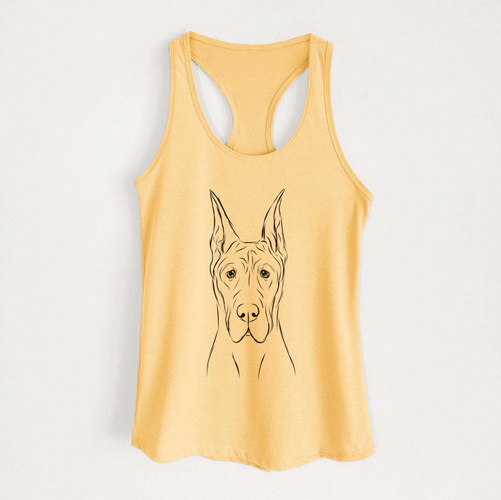 Hand-drawn sketch of Jude the Great Dane on a Banana Cream Women's racerback tanktop