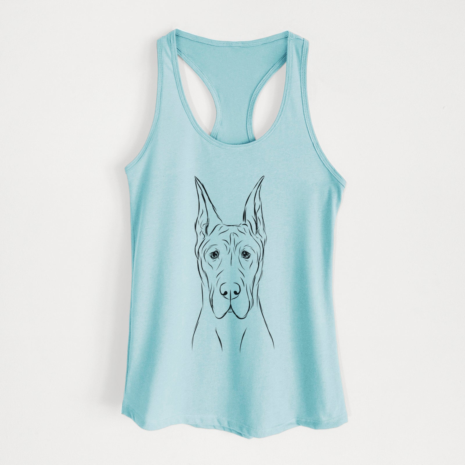 Hand-drawn sketch of Jude the Great Dane on a Cancun Blue Women's racerback tanktop