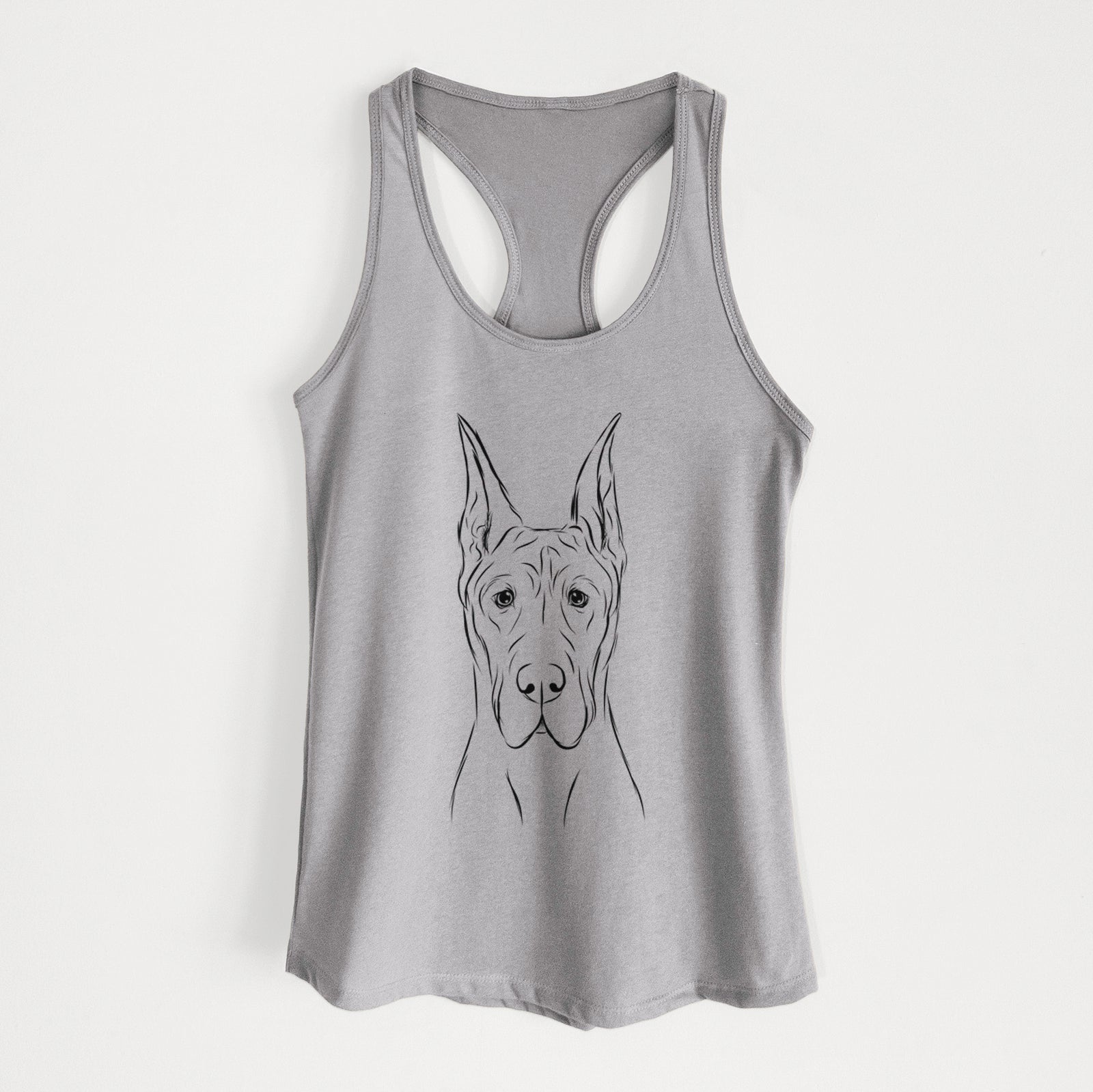 Hand-drawn sketch of Jude the Great Dane on a Heather Grey Women's racerback tanktop