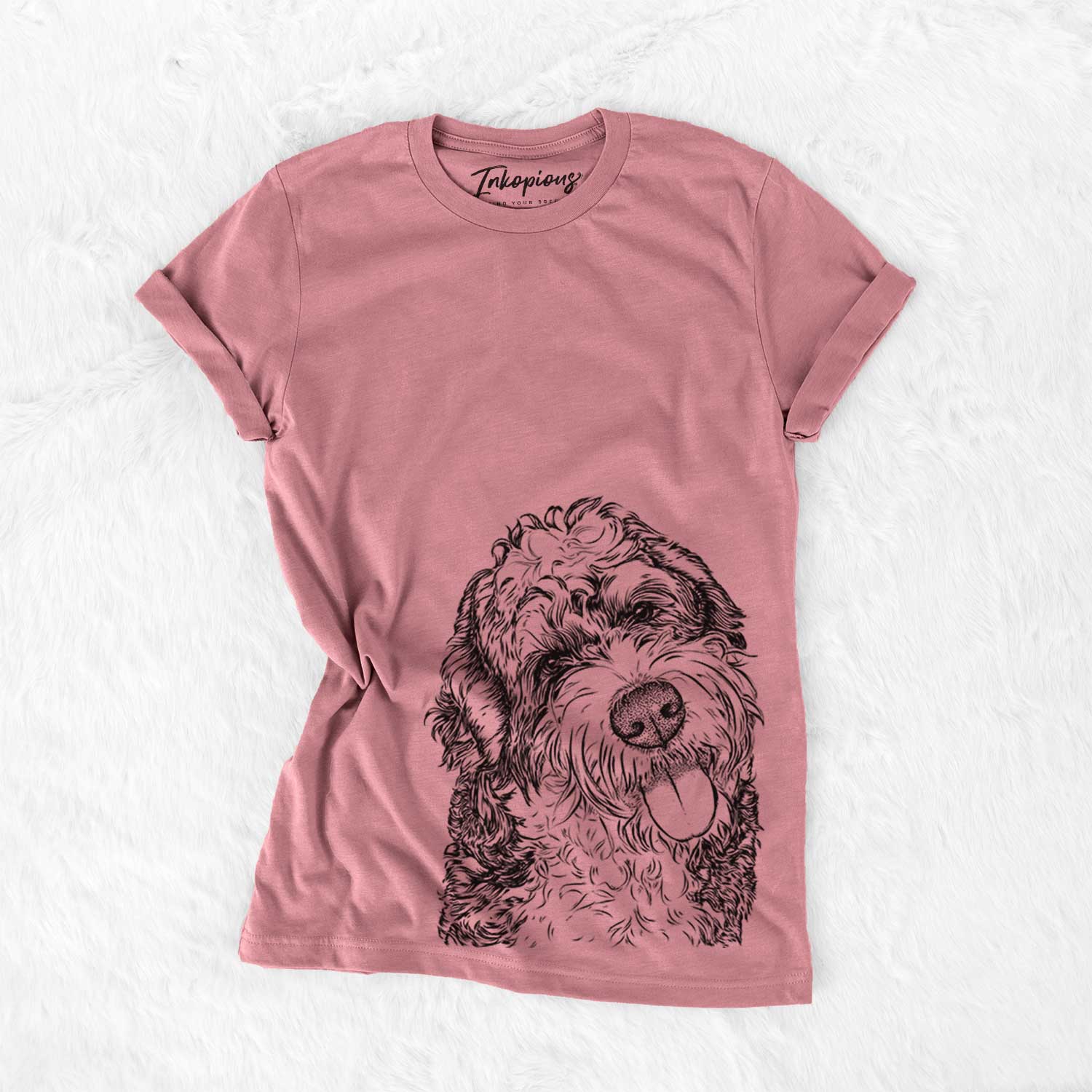 Hand-drawn sketch of Kaci the Bernedoodle on a Mauve Bella Canvas Unisex Crewneck