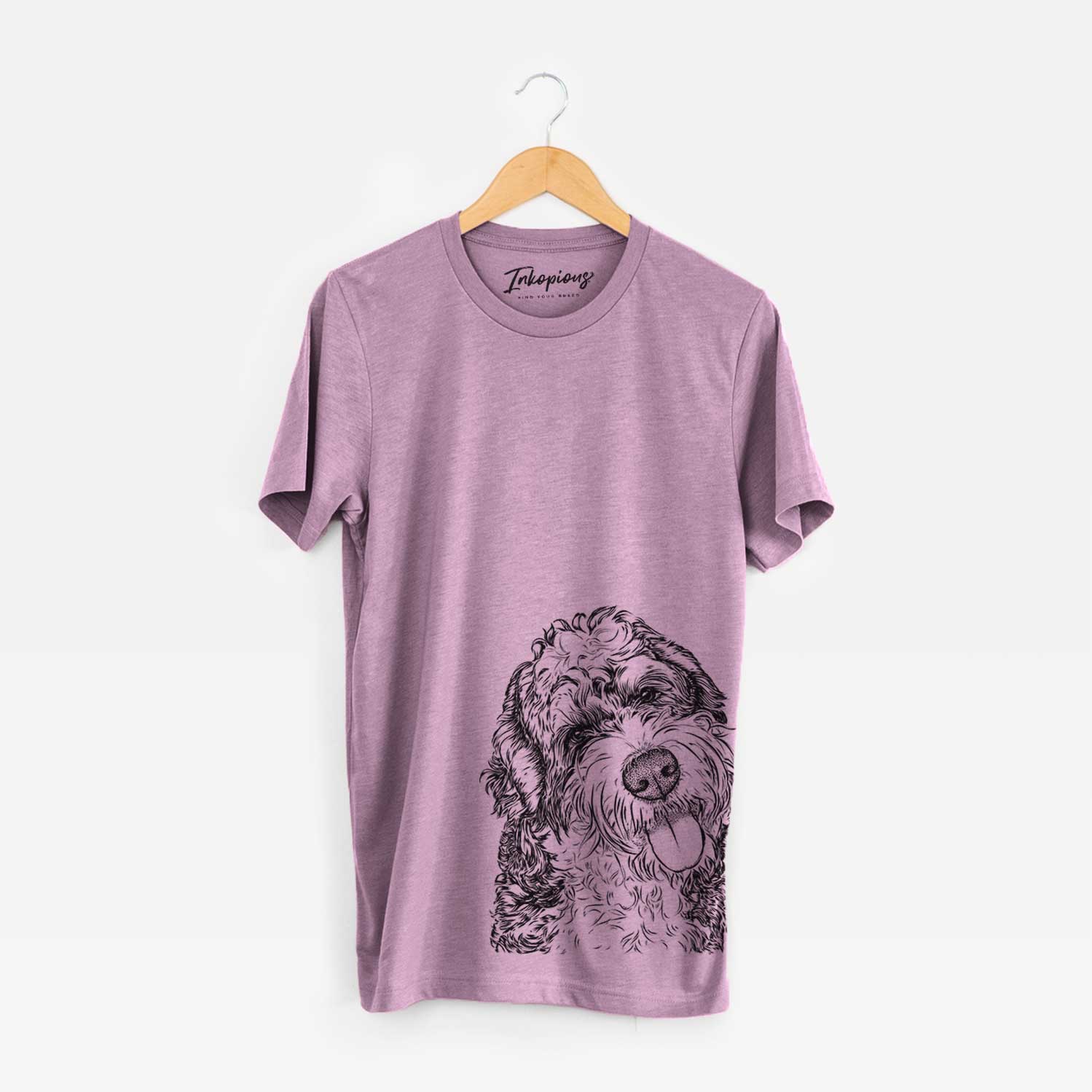 Hand-drawn sketch of Kaci the Bernedoodle on an Orchid Bella Canvas Unisex Crewneck