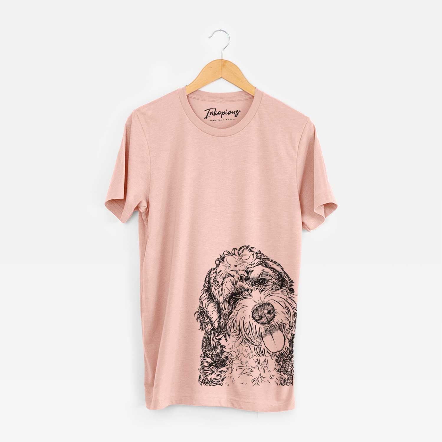 Hand-drawn sketch of Kaci the Bernedoodle on a Peach Bella Canvas Unisex Crewneck