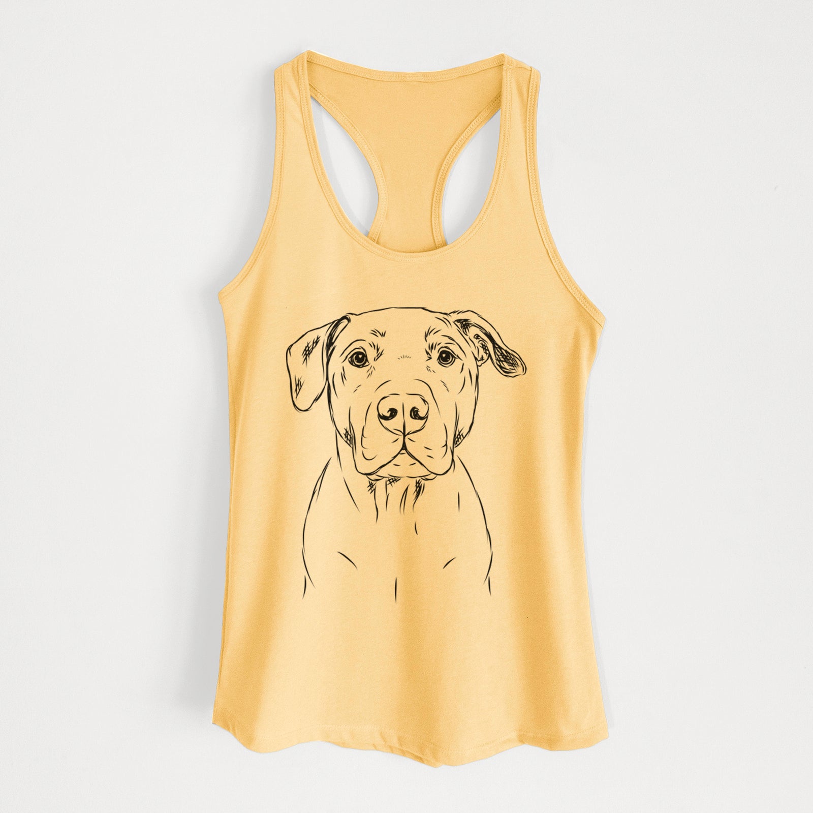 Hand-drawn sketch of Kadin the Pitbull on a Banana Cream Women's racerback tanktop
