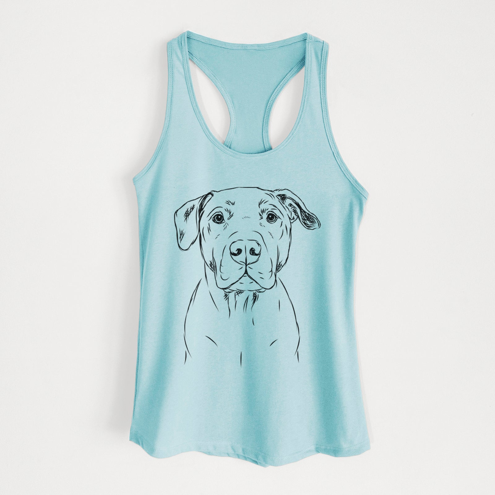 Hand-drawn sketch of Kadin the Pitbull on a Cancun Blue Women's racerback tanktop
