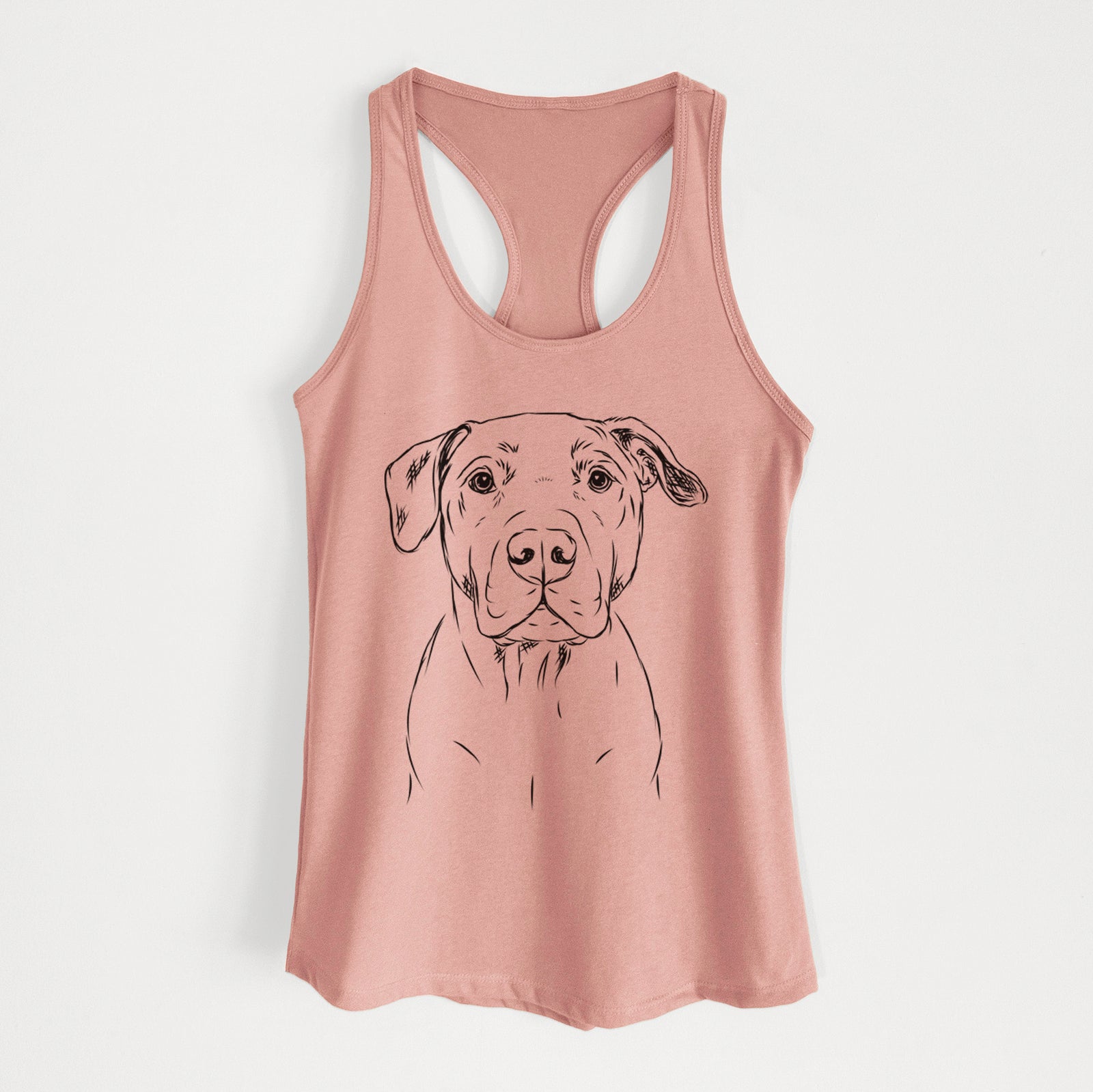 Hand-drawn sketch of Kadin the Pitbull on a Desert Pink Women's racerback tanktop
