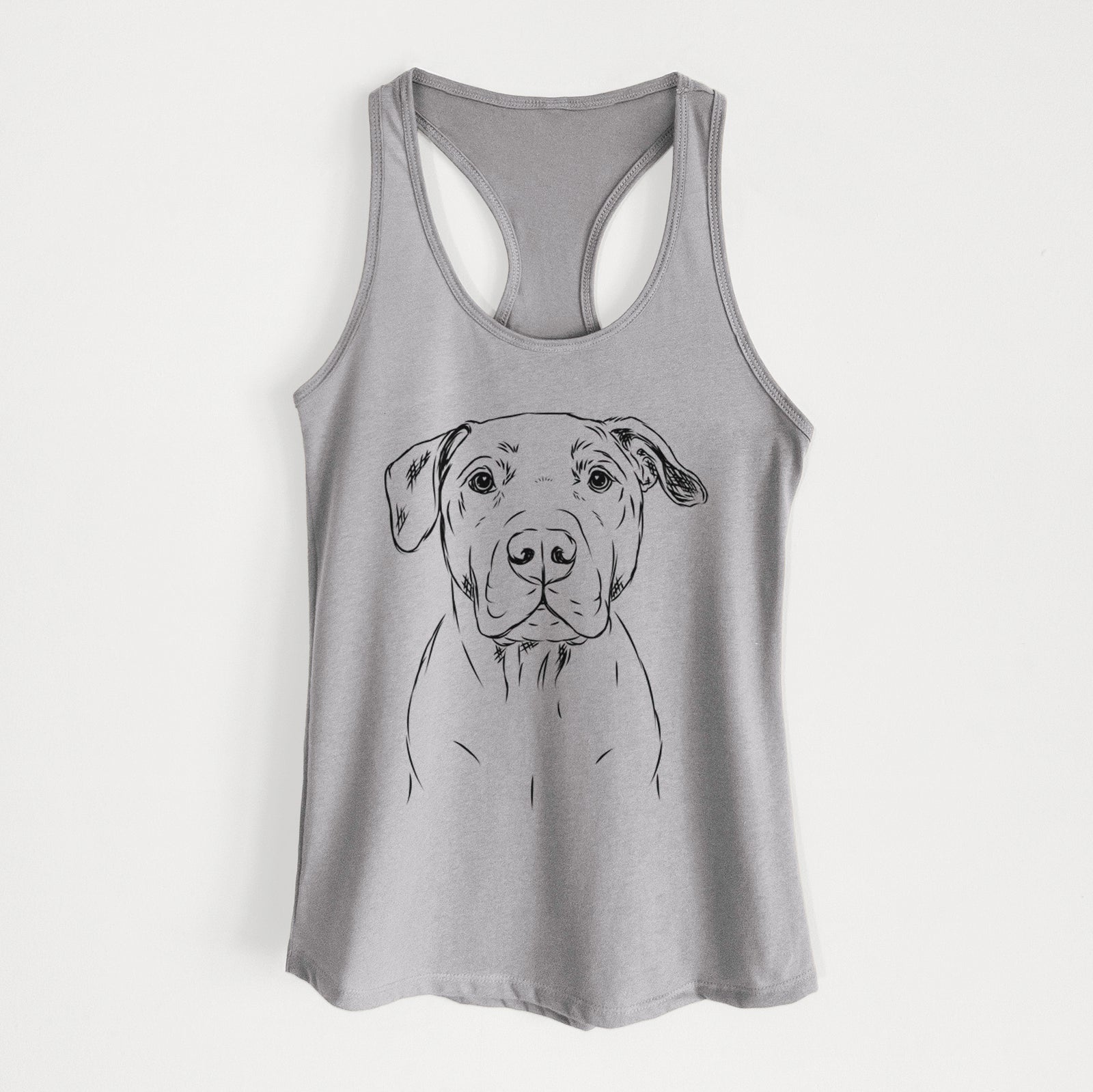 Hand-drawn sketch of Kadin the Pitbull on a Heather Grey Women's racerback tanktop