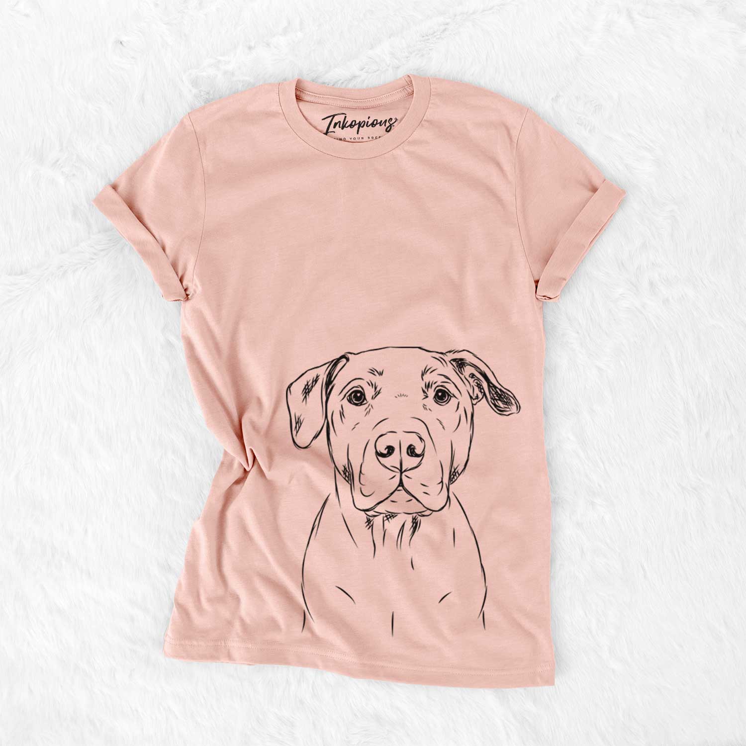 Hand-drawn sketch of Kadin the Pitbull on a Peach Bella Canvas Unisex Crewneck
