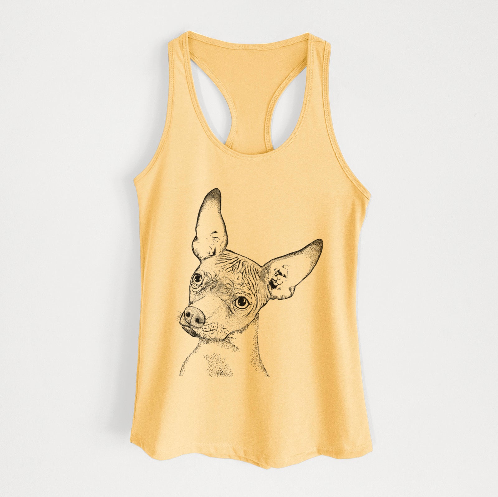 Hand-drawn sketch of Kahlo the Xoloitzcuintli on a Banana Cream Women's racerback tanktop