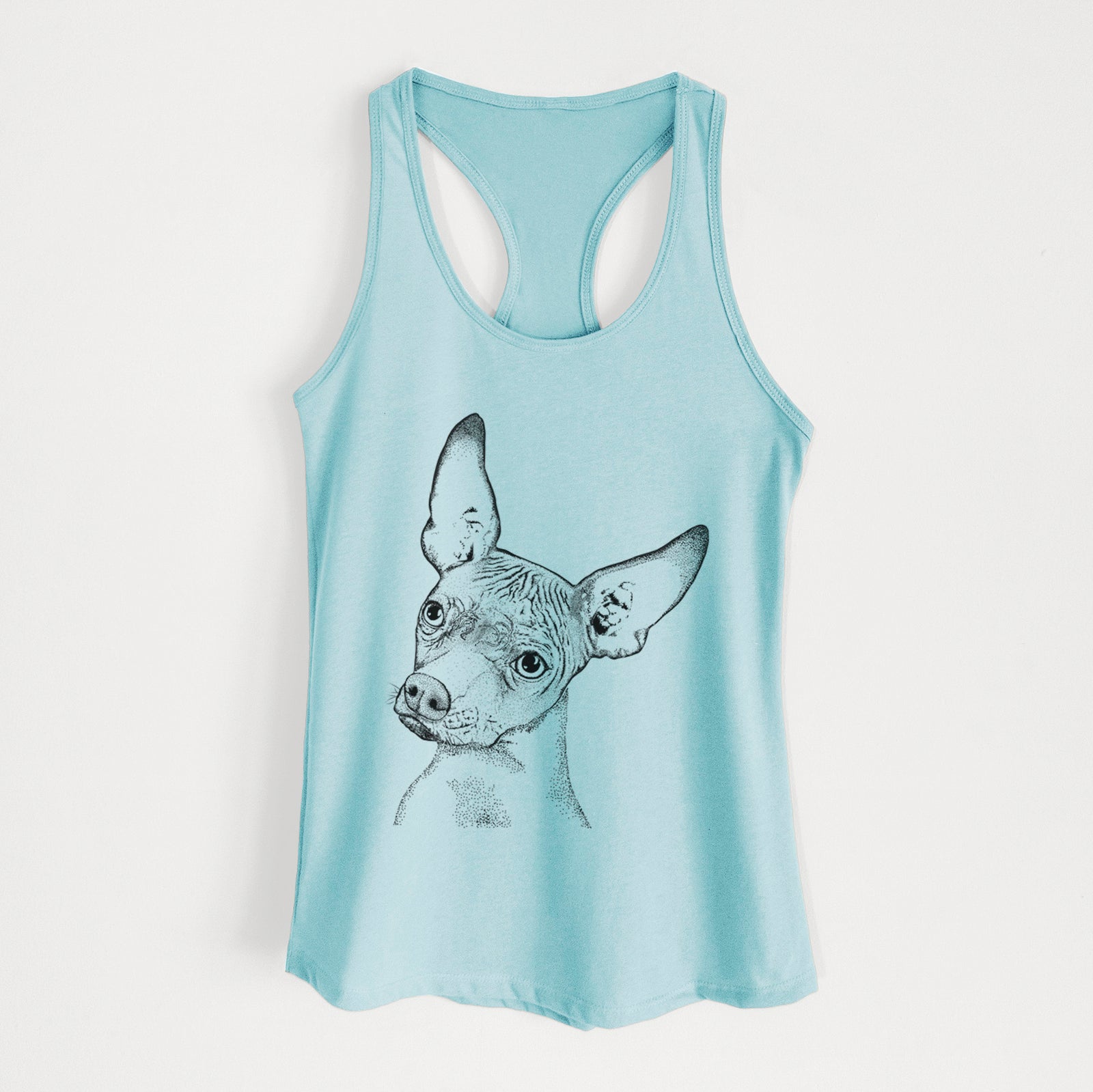 Hand-drawn sketch of Kahlo the Xoloitzcuintli on a Cancun Blue Women's racerback tanktop