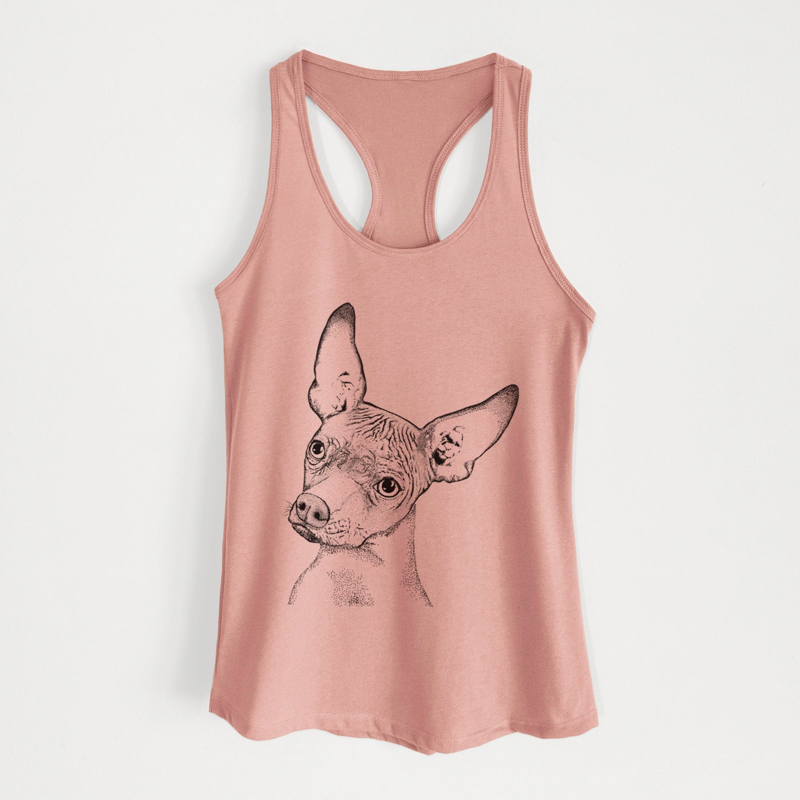 Hand-drawn sketch of Kahlo the Xoloitzcuintli on a Desert Pink Women's racerback tanktop