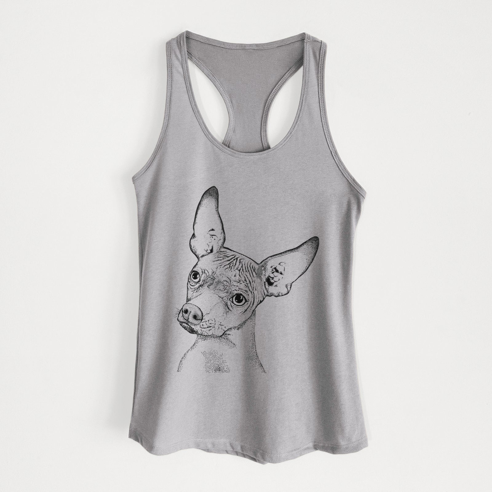 Hand-drawn sketch of Kahlo the Xoloitzcuintli on a Heather Grey Women's racerback tanktop