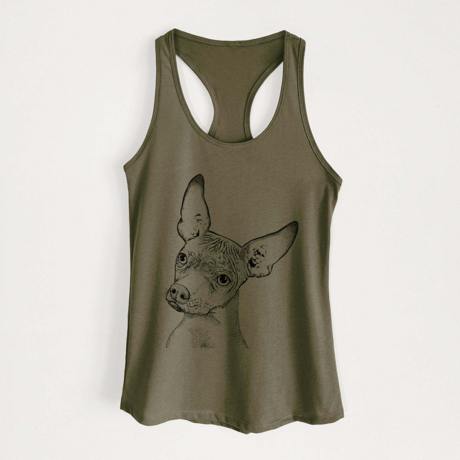 Hand-drawn sketch of Kahlo the Xoloitzcuintli on a Military Green Women's racerback tanktop