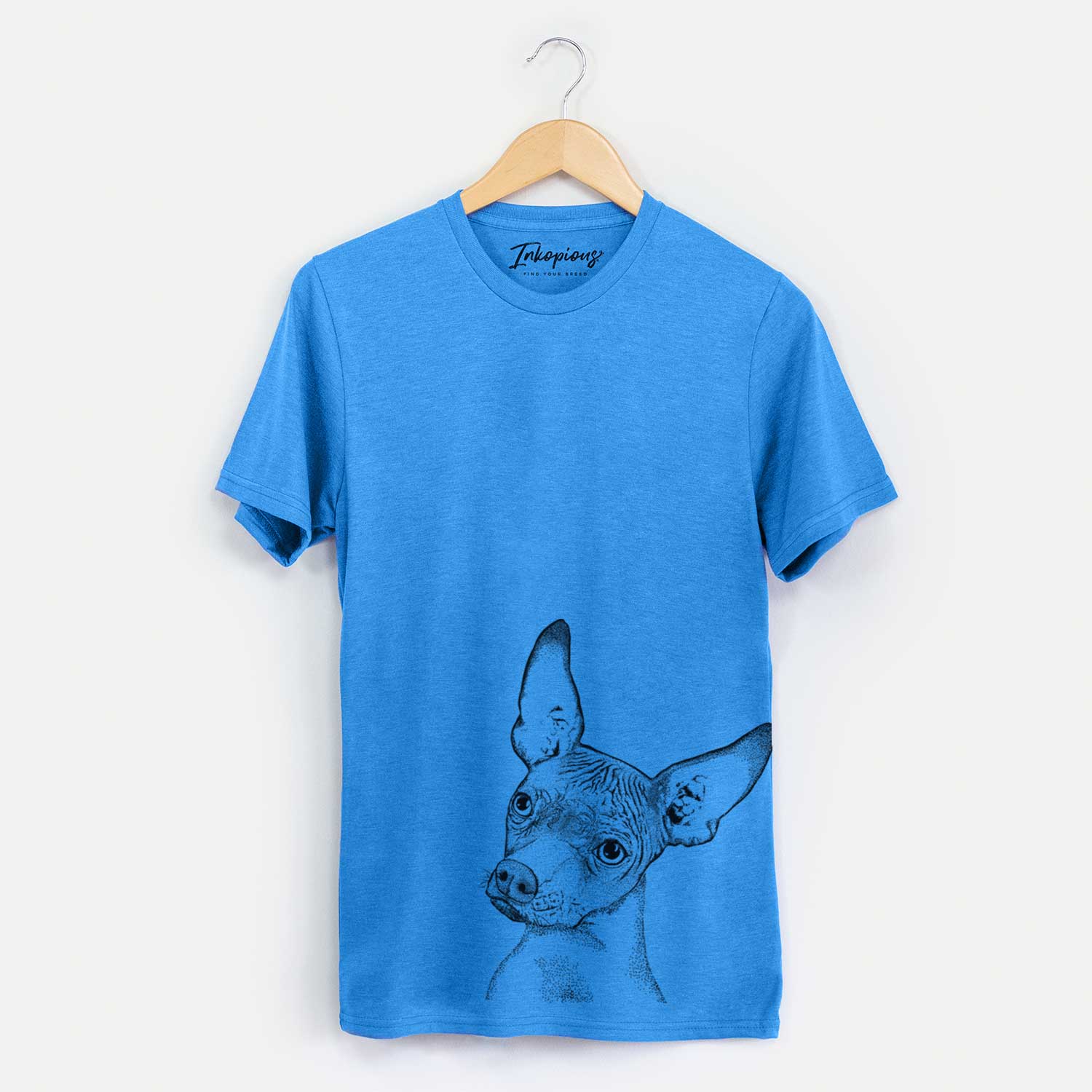 Hand-drawn sketch of Kahlo the Xoloitzcuintli on a Blue Unisex crewneck