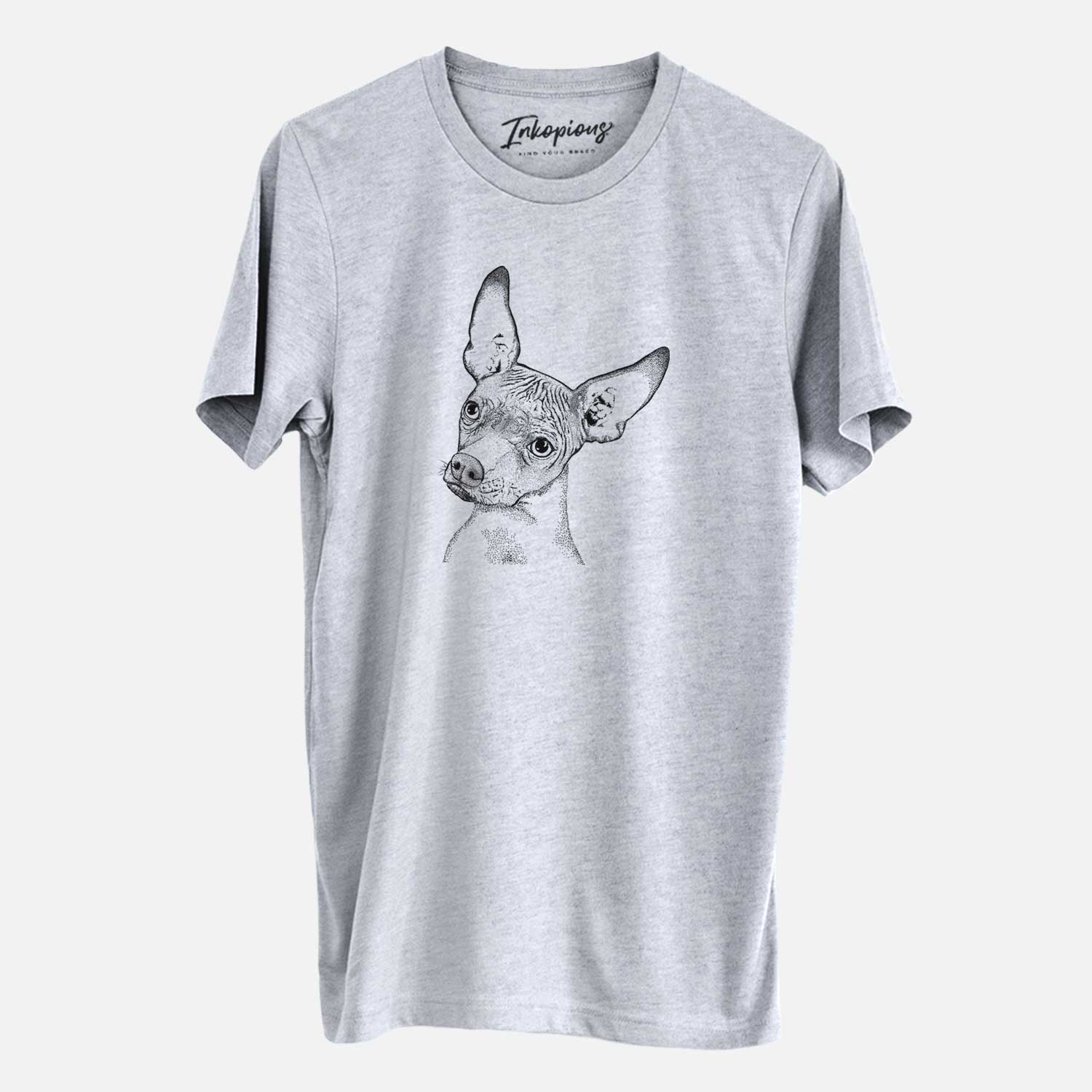 Hand-drawn sketch of Kahlo the Xoloitzcuintli on a Grey Unisex crewneck