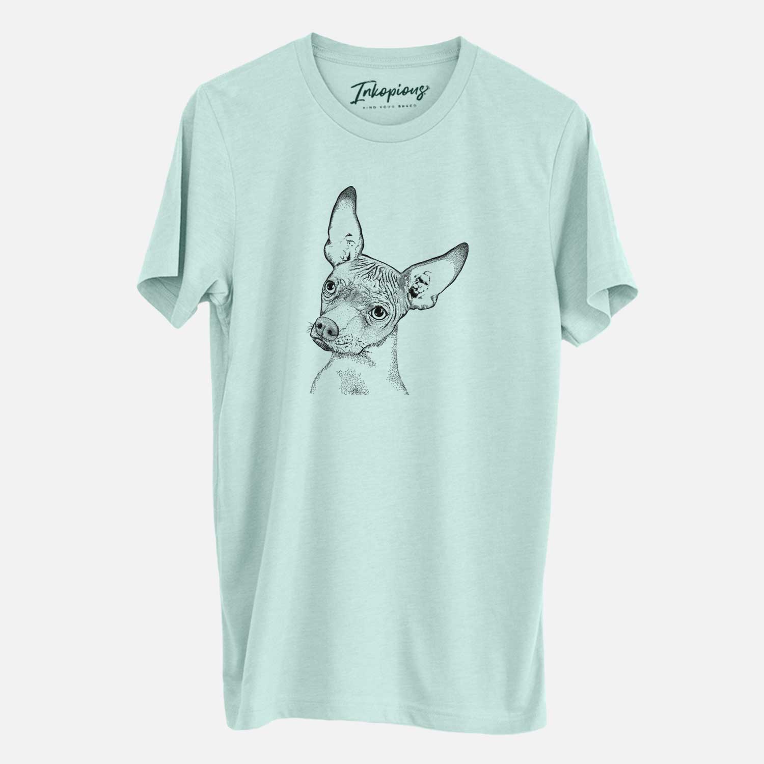 Hand-drawn sketch of Kahlo the Xoloitzcuintli on a Heather Sage Unisex crewneck