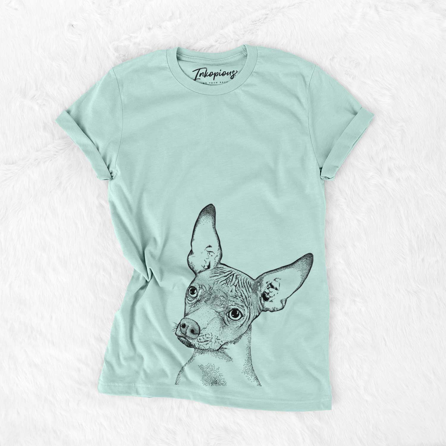Hand-drawn sketch of Kahlo the Xoloitzcuintli on a Heather Sage Unisex crewneck