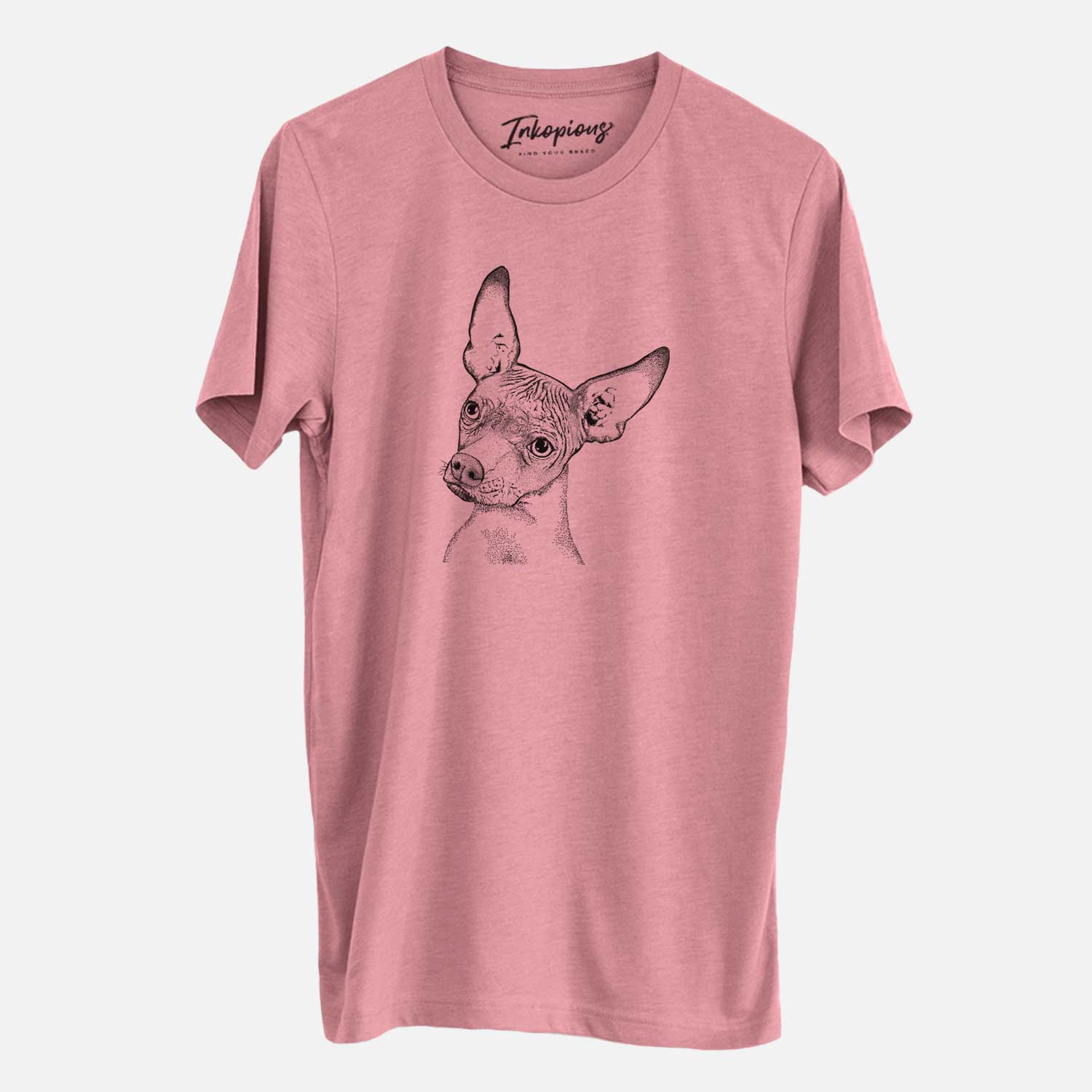 Hand-drawn sketch of Kahlo the Xoloitzcuintli on a Mauve Unisex crewneck