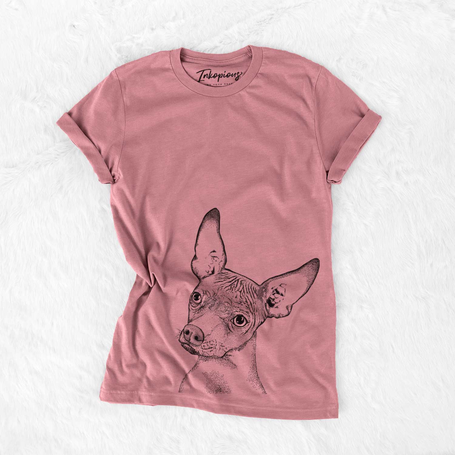 Hand-drawn sketch of Kahlo the Xoloitzcuintli on a Mauve Unisex crewneck